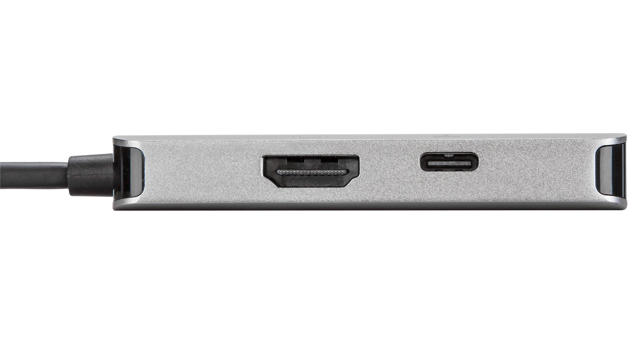 Dispositivo argentato con porte HDMI e USB-C, cavo nero.