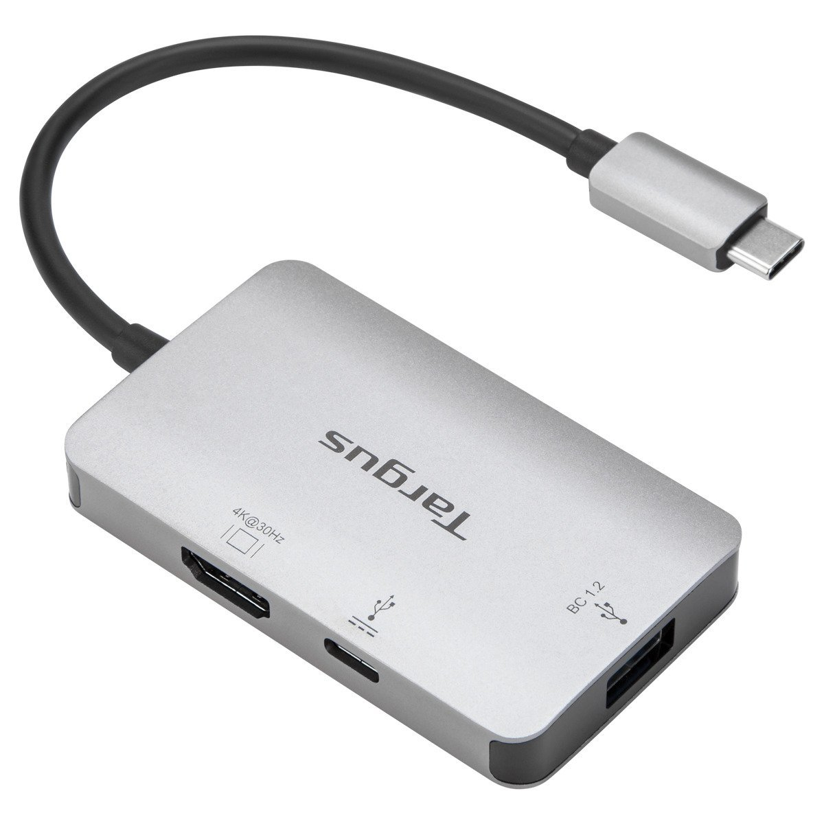 Un hub multiport USB-C Targus argentato con porte come HDMI e USB. Ha un cavo nero collegato.