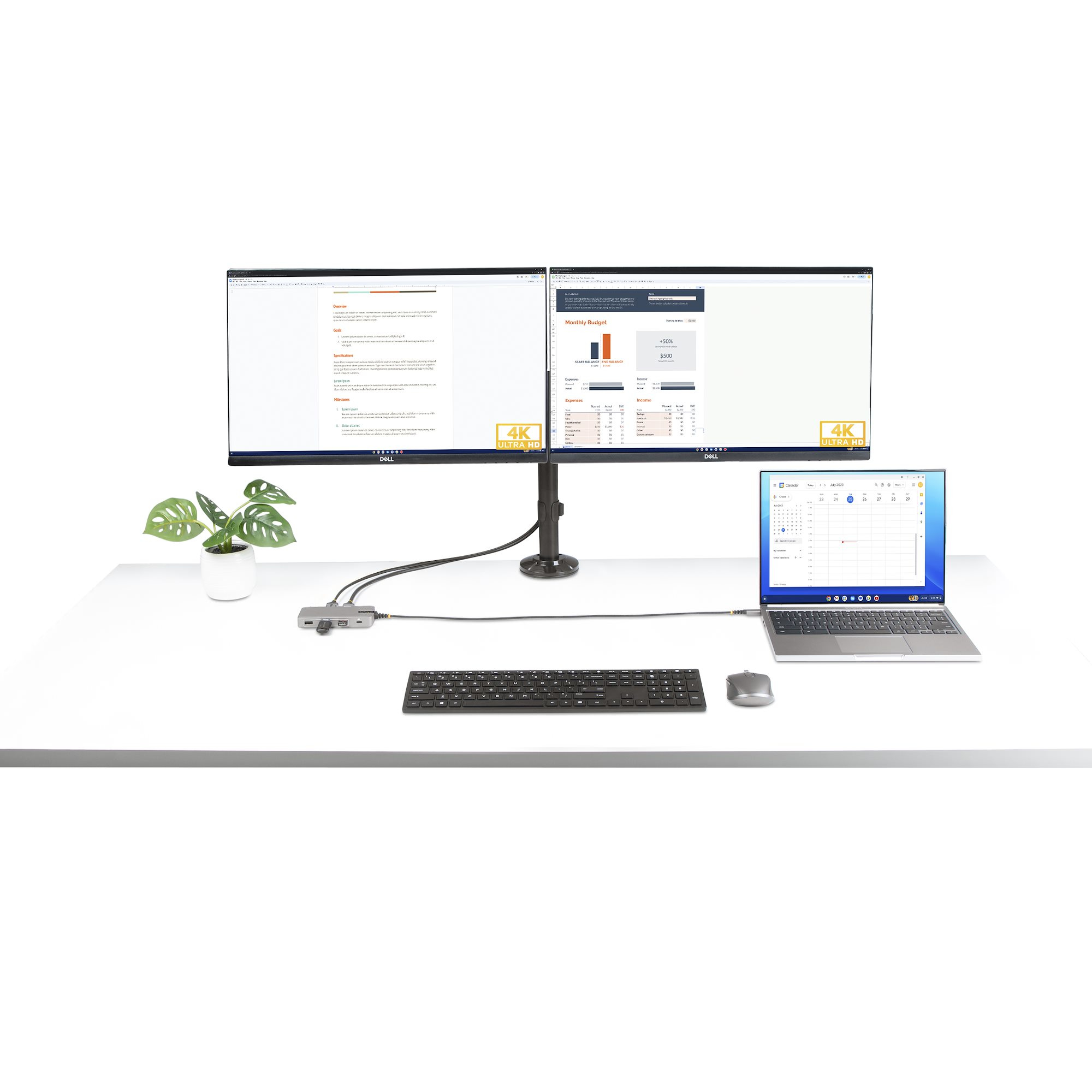 Schreibtisch-Setup mit zwei Monitoren, Laptop, Tastatur und Maus. Pflanze und Hub auch.