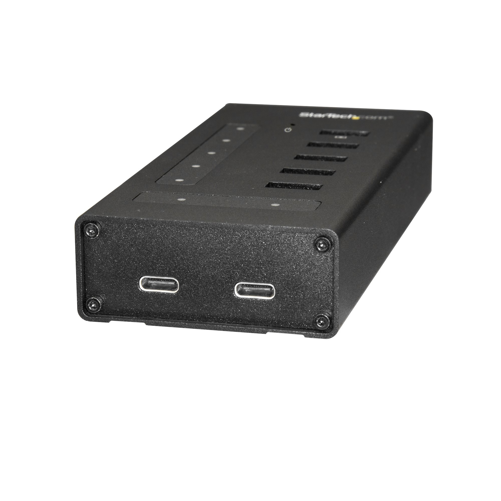 Un concentrador USB negro con múltiples puertos. Tiene forma rectangular y varios puertos USB-C.