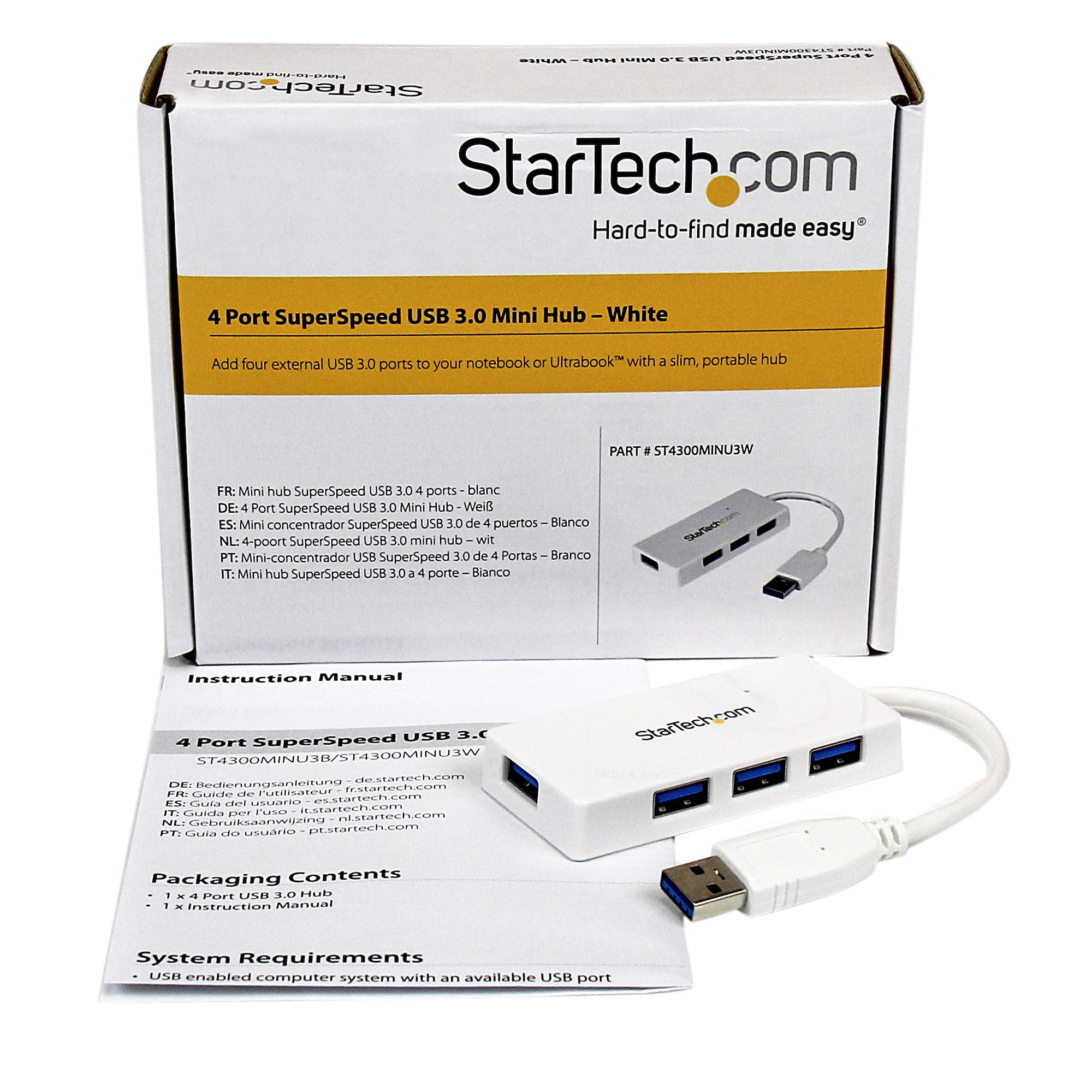 Caja de concentrador USB blanco y gris con concentrador y cable.