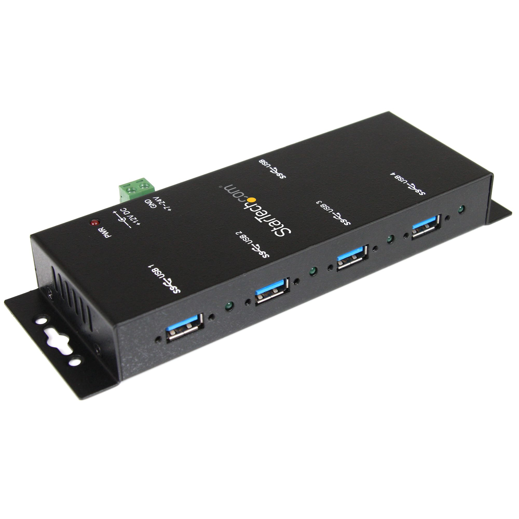Hub USB StarTech.com nero con quattro porte USB, LED e un morsettiera verde.