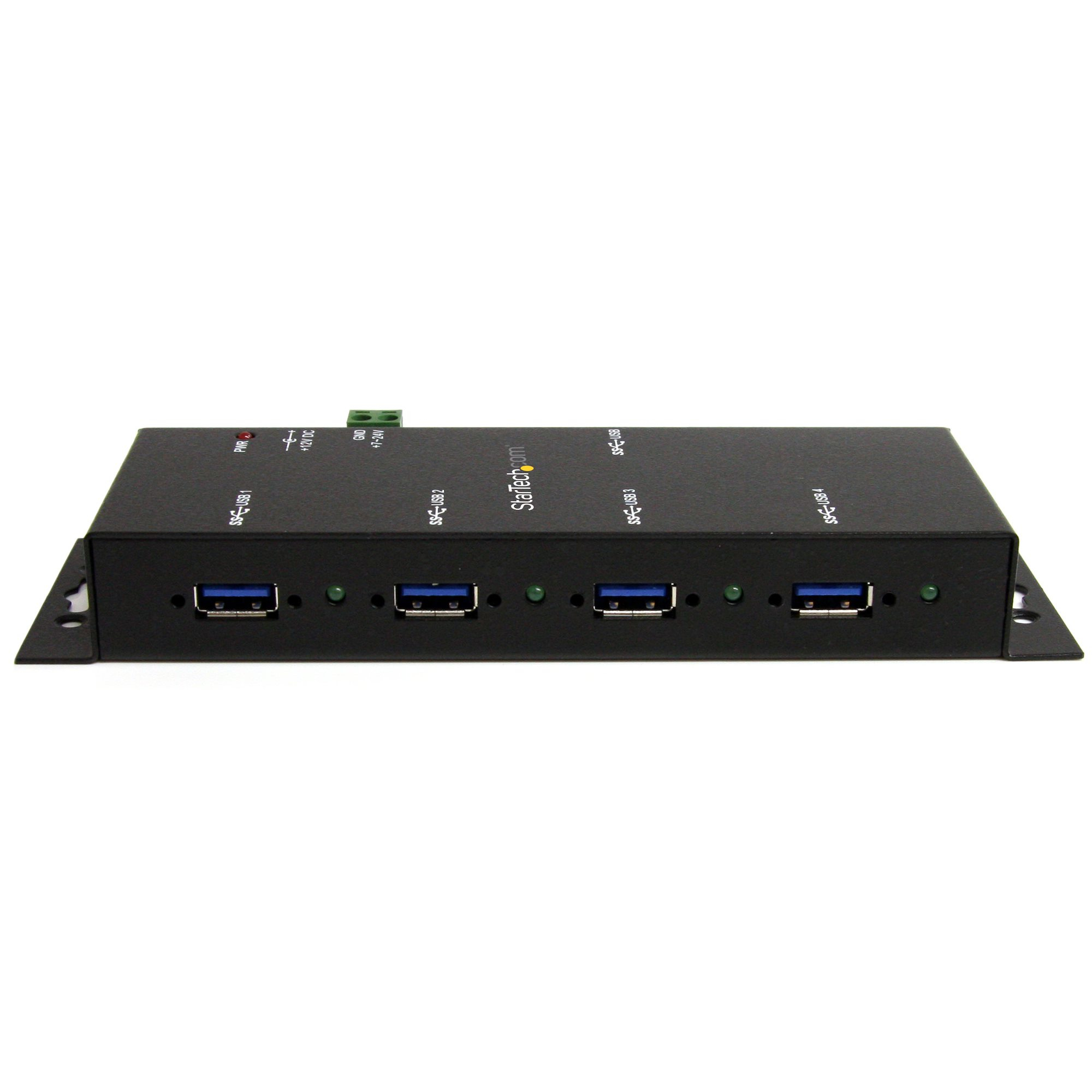 Un hub USB nero con quattro porte USB 3.0 e spie luminose.