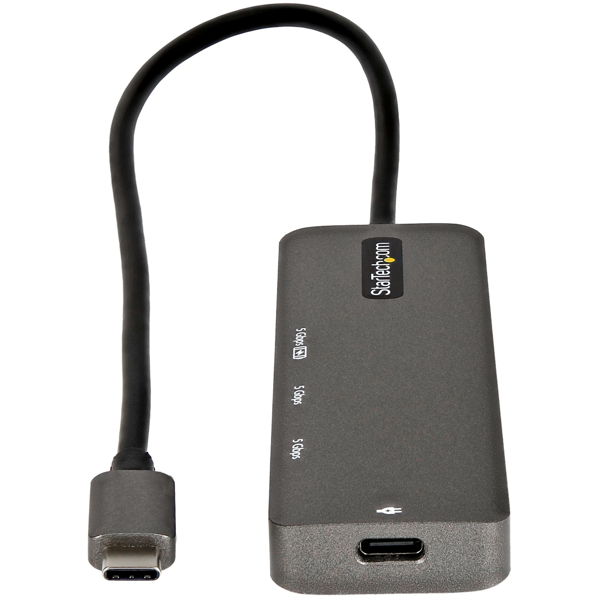 Concentrador USB-C gris oscuro con cable negro y puerto USB-C.