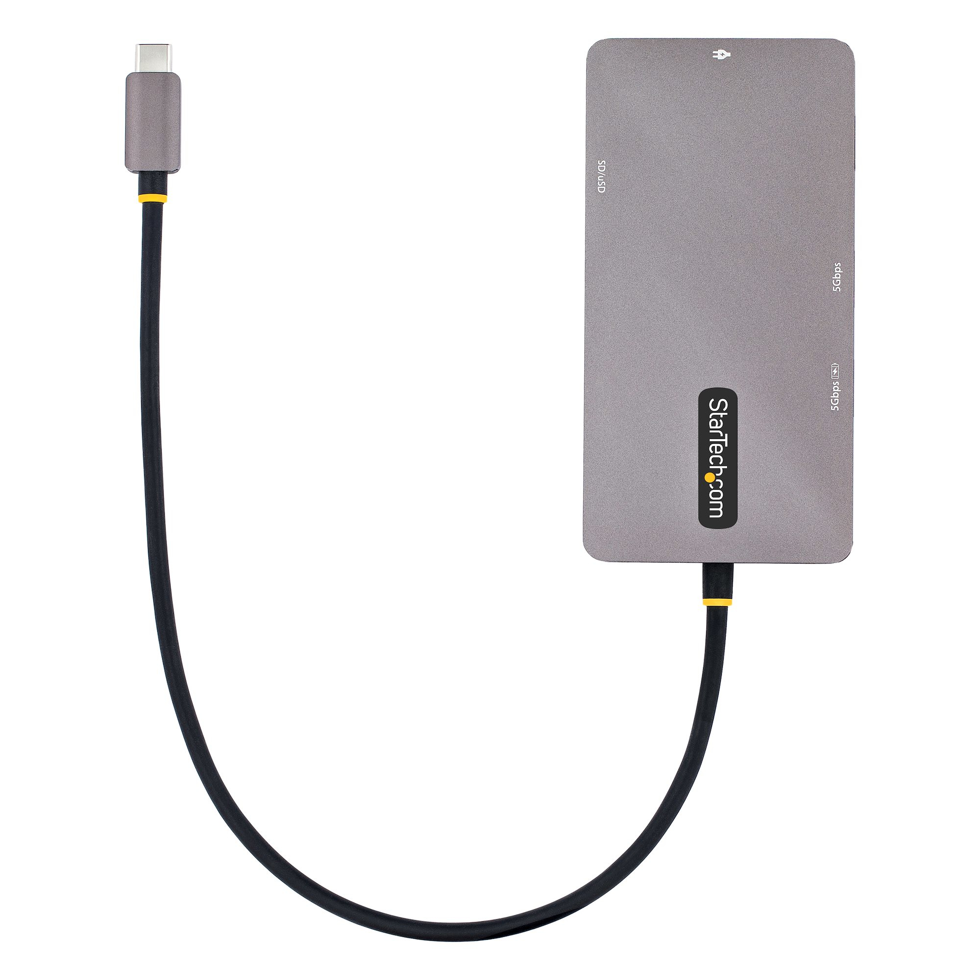 Un concentrador USB-C gris con ranuras SD/microSD y puertos USB, conectado a un cable.
