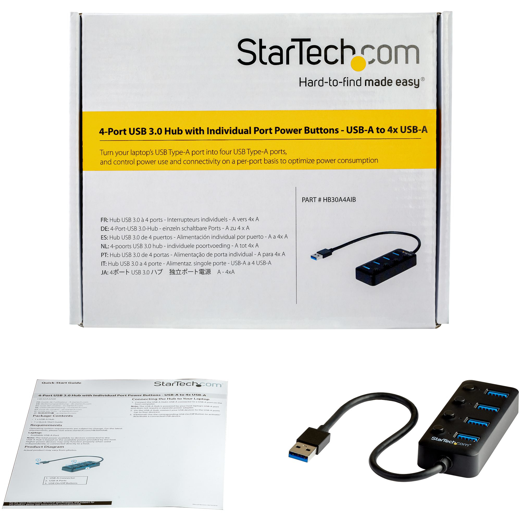 Box mit USB-Hub und Zubehör, Produktinformationen, weißer Hintergrund.