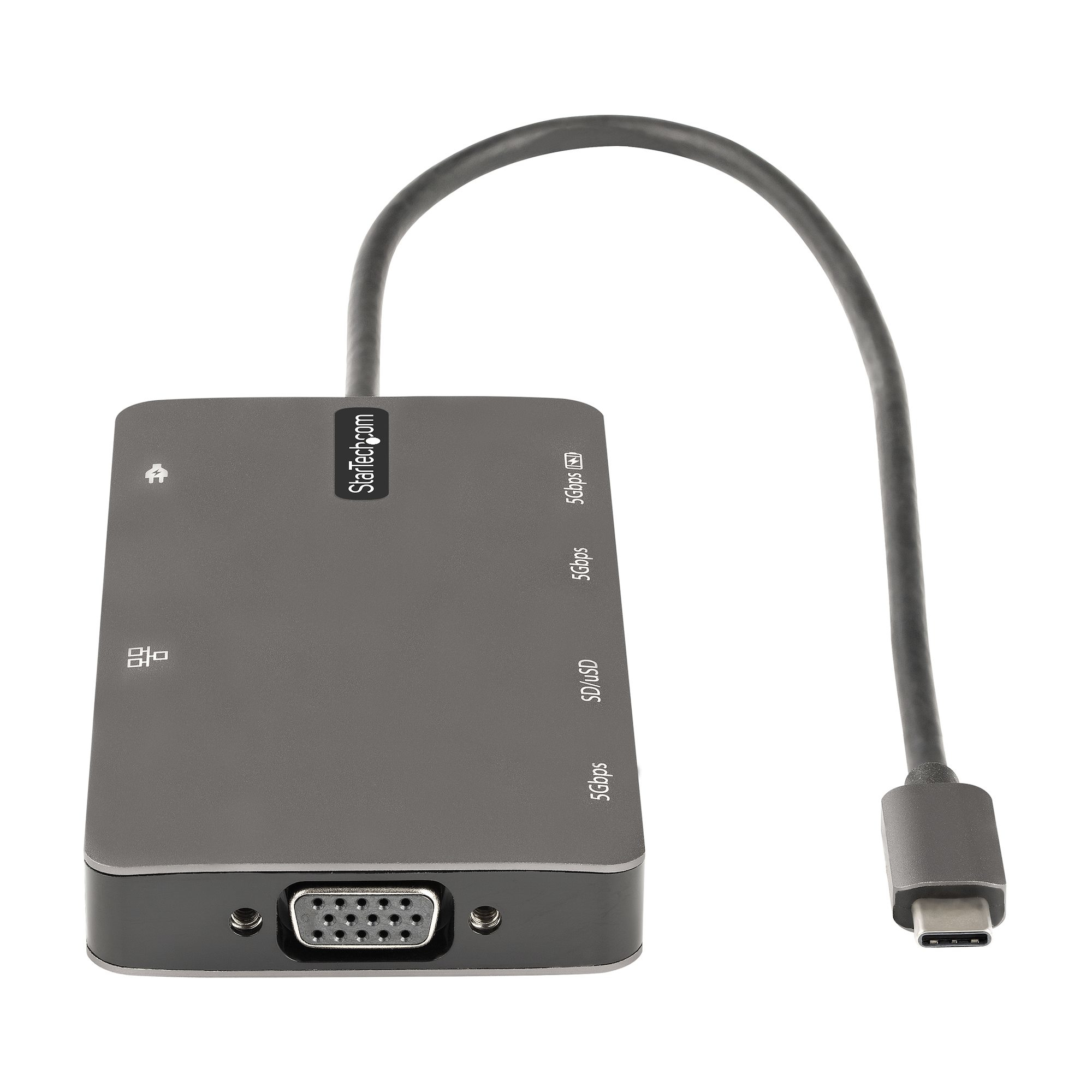 Un concentrador gris con múltiples puertos, incluyendo un conector USB-C y un puerto VGA.