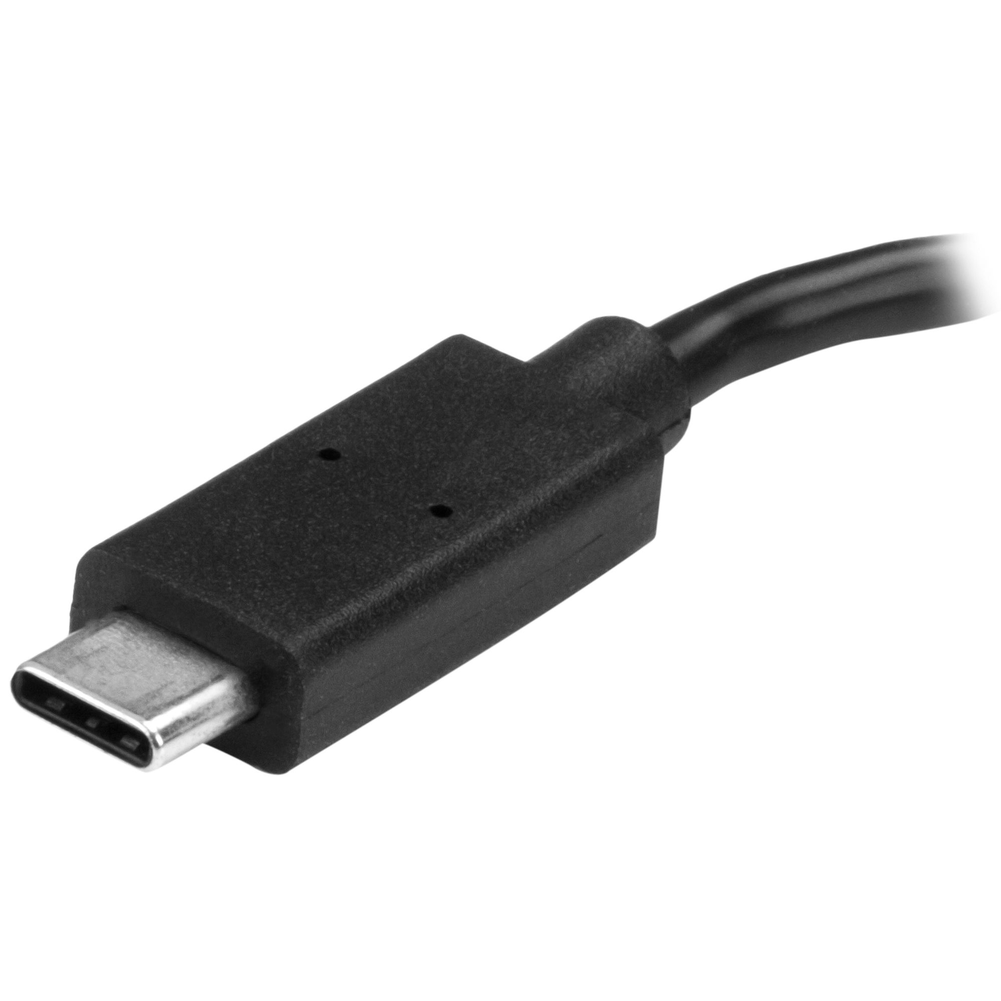 Ein schwarzer USB-C-Anschluss. Nahaufnahme mit weißem Hintergrund.
