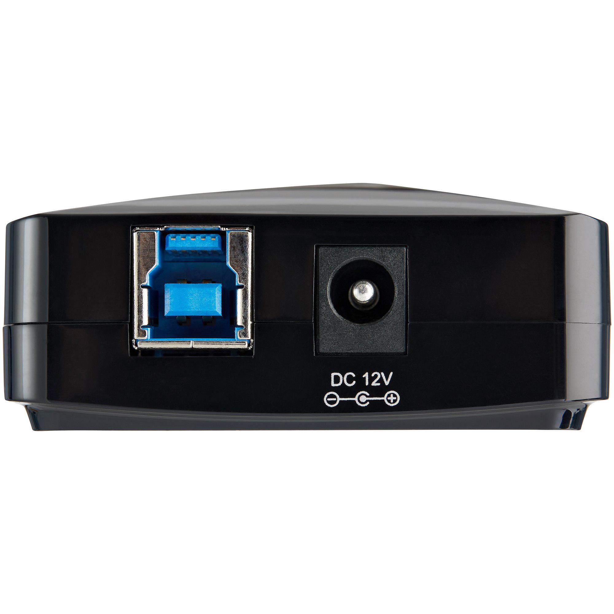 Schwarzes Gerät mit USB- und DC 12V-Anschlüssen. Text: 'DC 12V'.