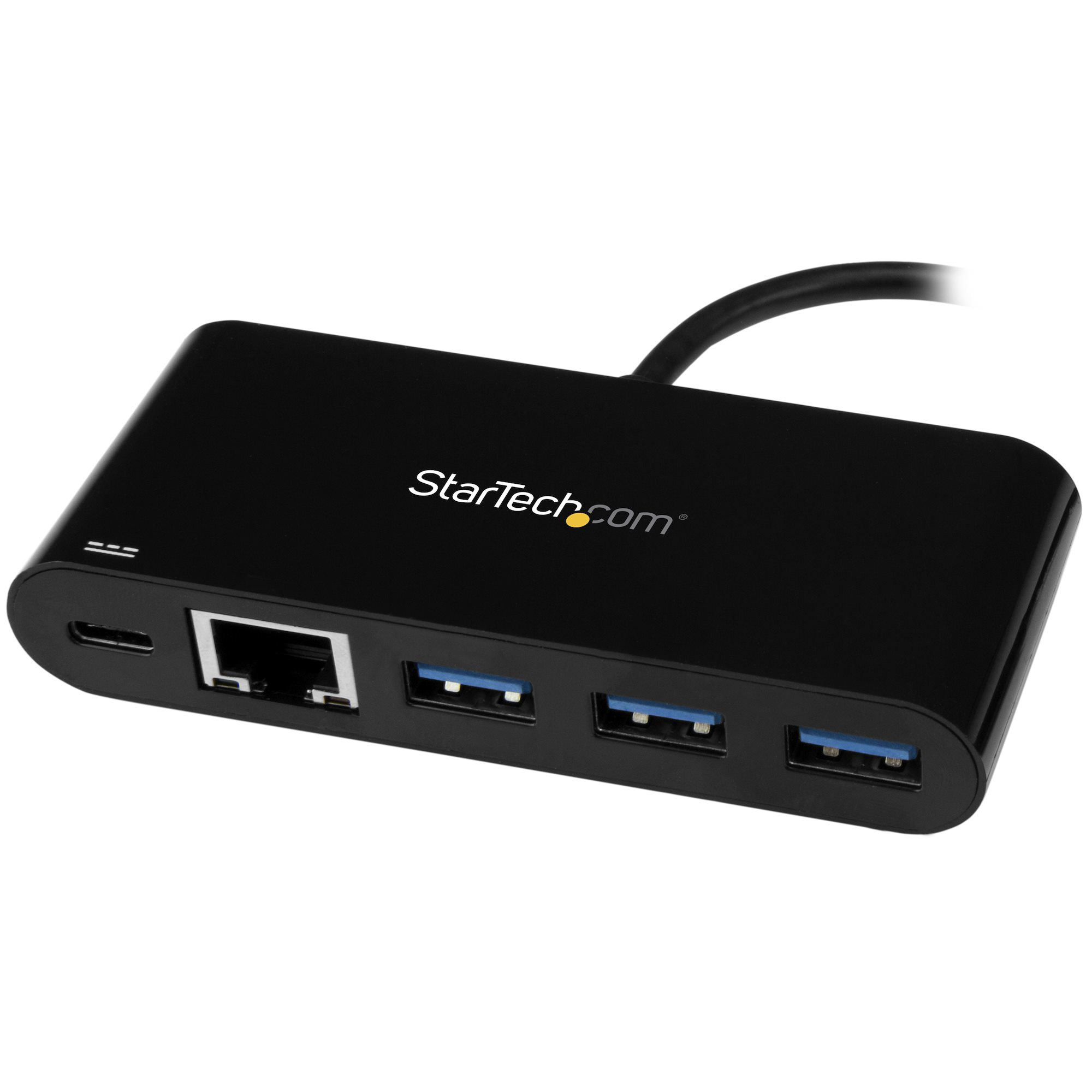 Un concentrador USB negro con múltiples puertos, incluyendo USB, Ethernet y USB-C.