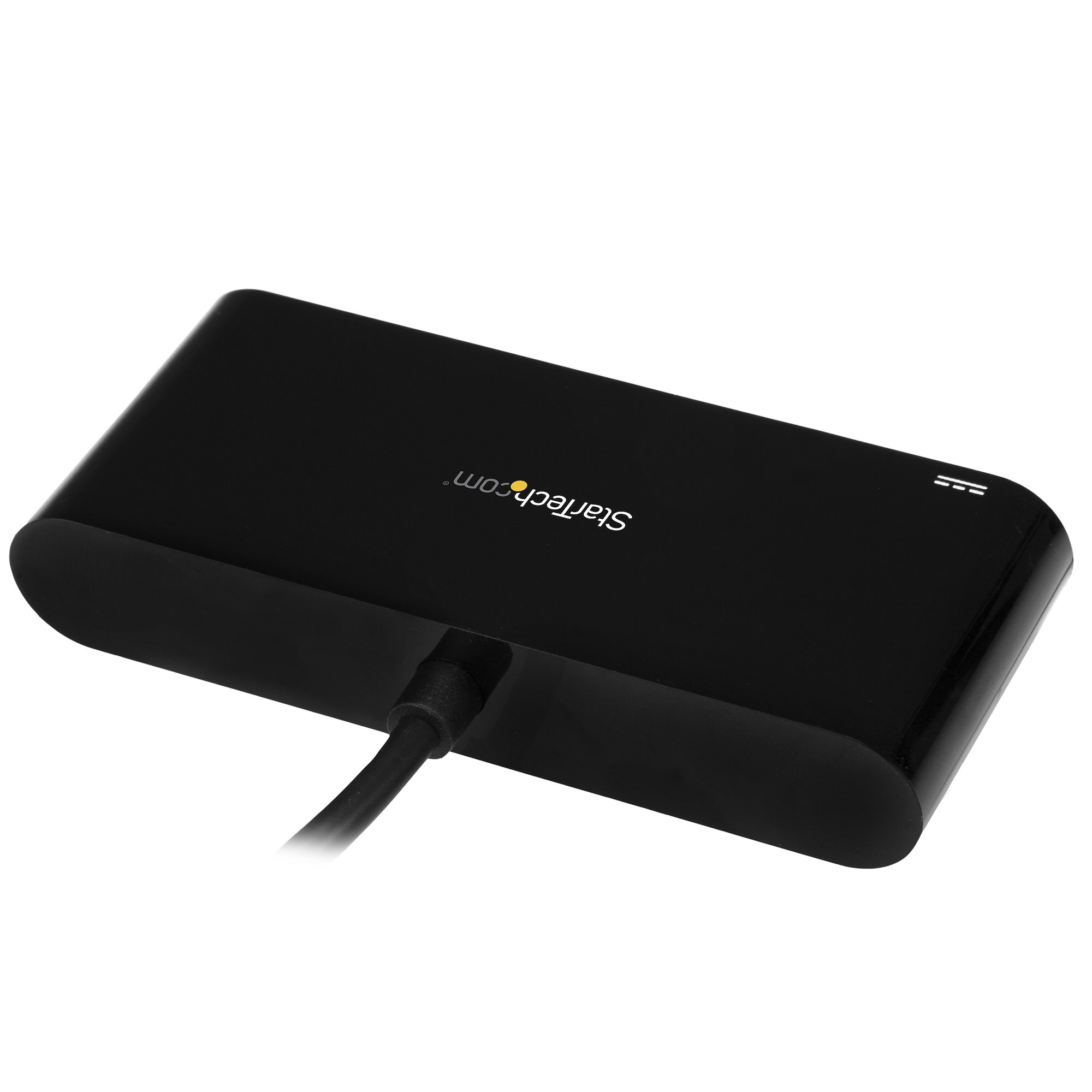 Concentrador USB negro con cable negro, fondo blanco.