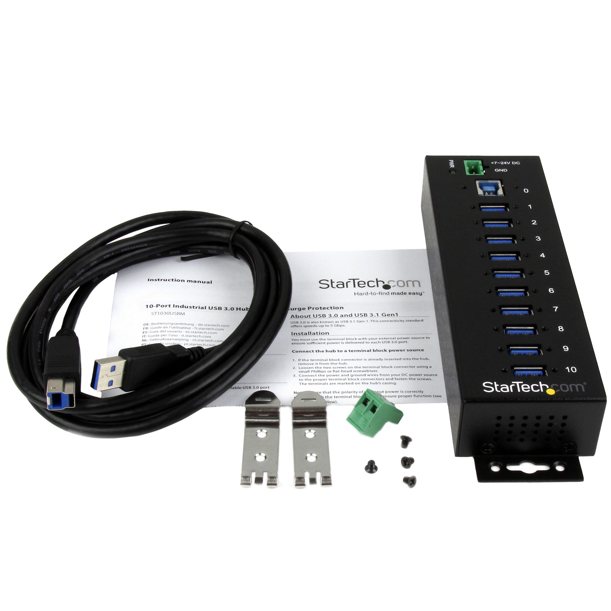 Concentrador USB 3.0 de 10 puertos negro con adaptador de corriente, cables y accesorios. Logo StarTech.com.