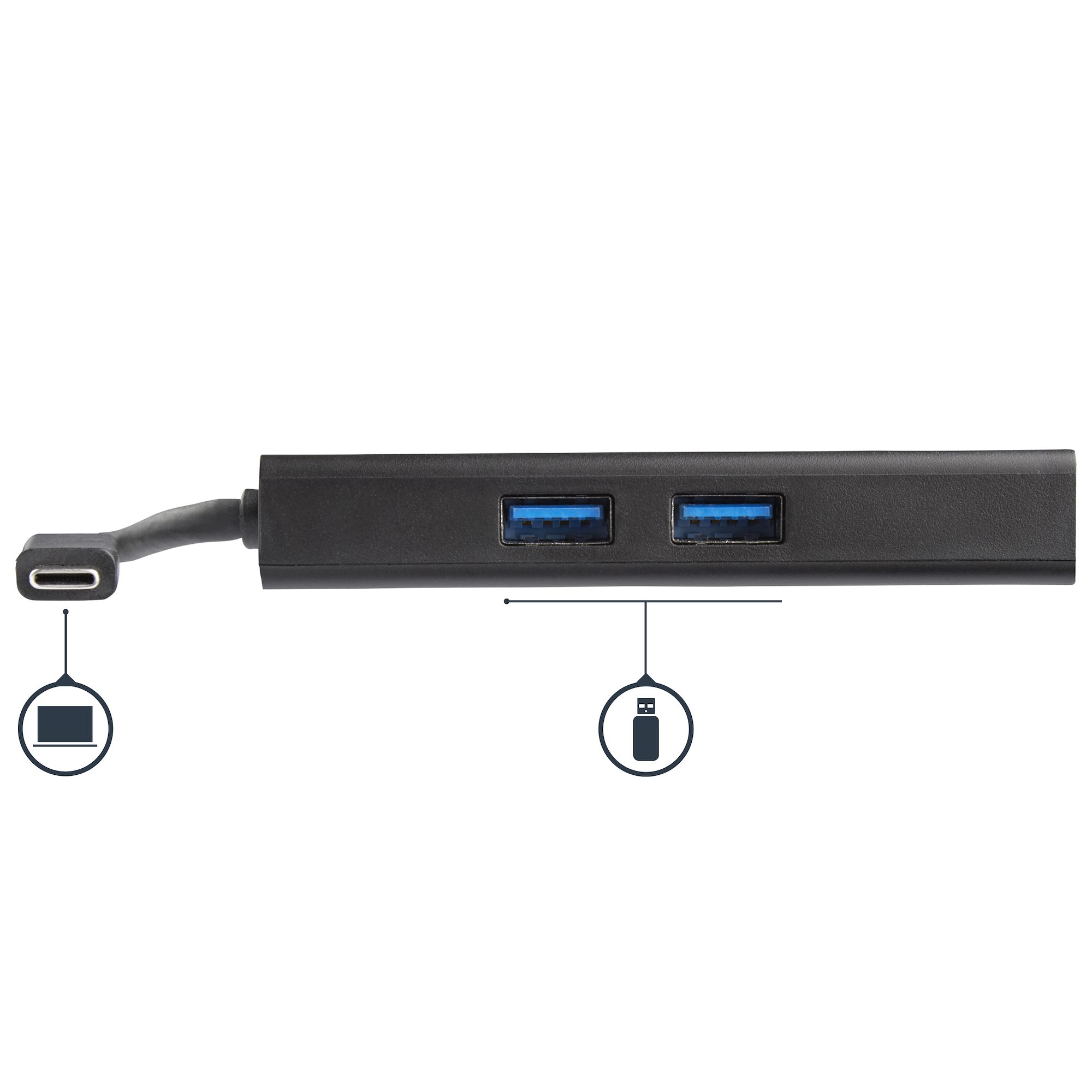 Hub USB nero con due porte USB blu e cavo USB-C. Icone di laptop e unità USB.