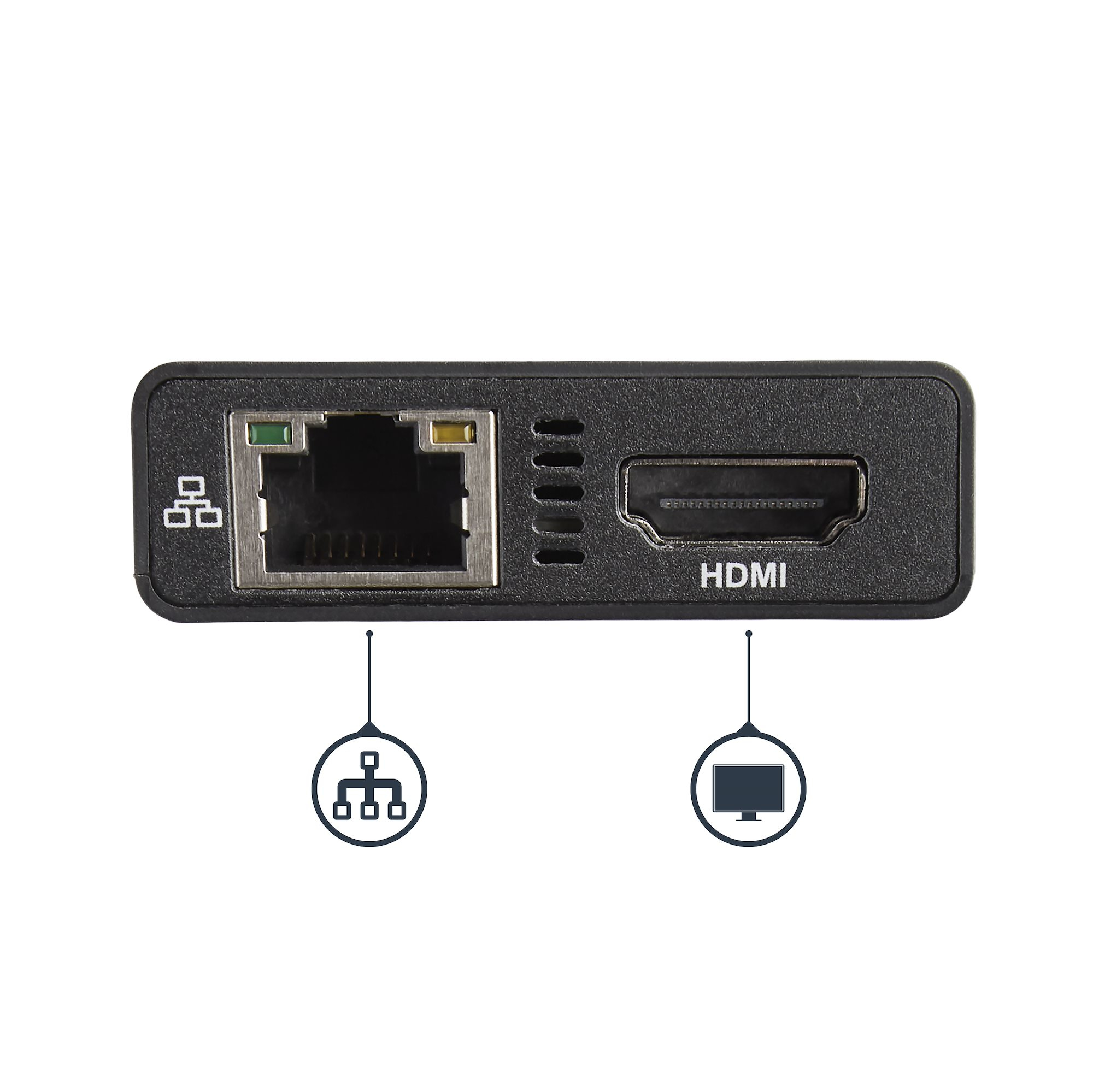 Un dispositivo nero con porte HDMI, Ethernet e USB. Sono visibili icone di rete e monitor.