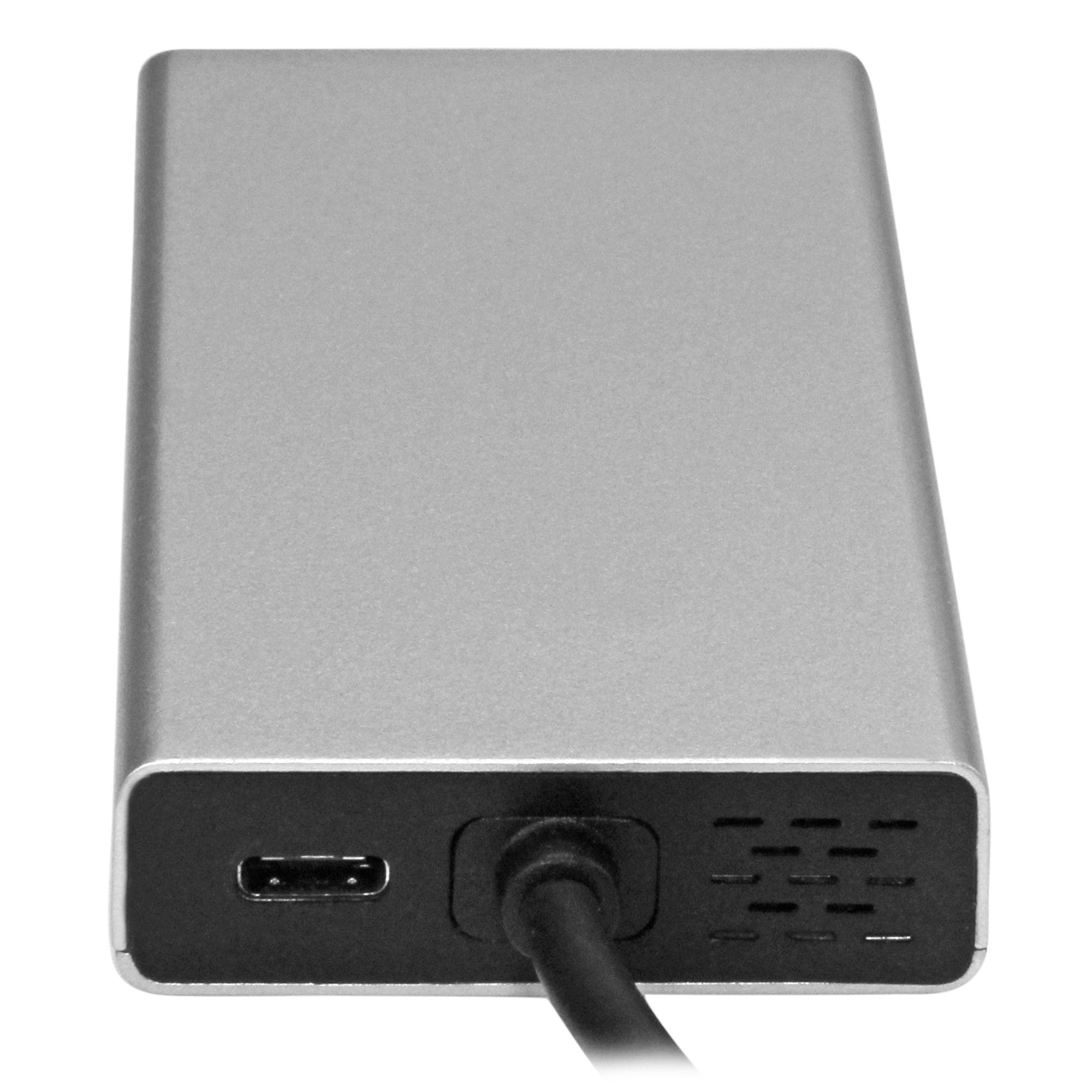Un adattatore USB-C argentato con un cavo nero. L'adattatore ha più porte.