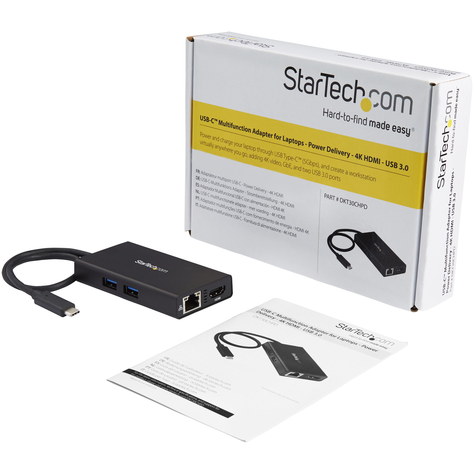 Kit adattatore USB-C StarTech. Contiene l'adattatore, il cavo USB e il manuale.