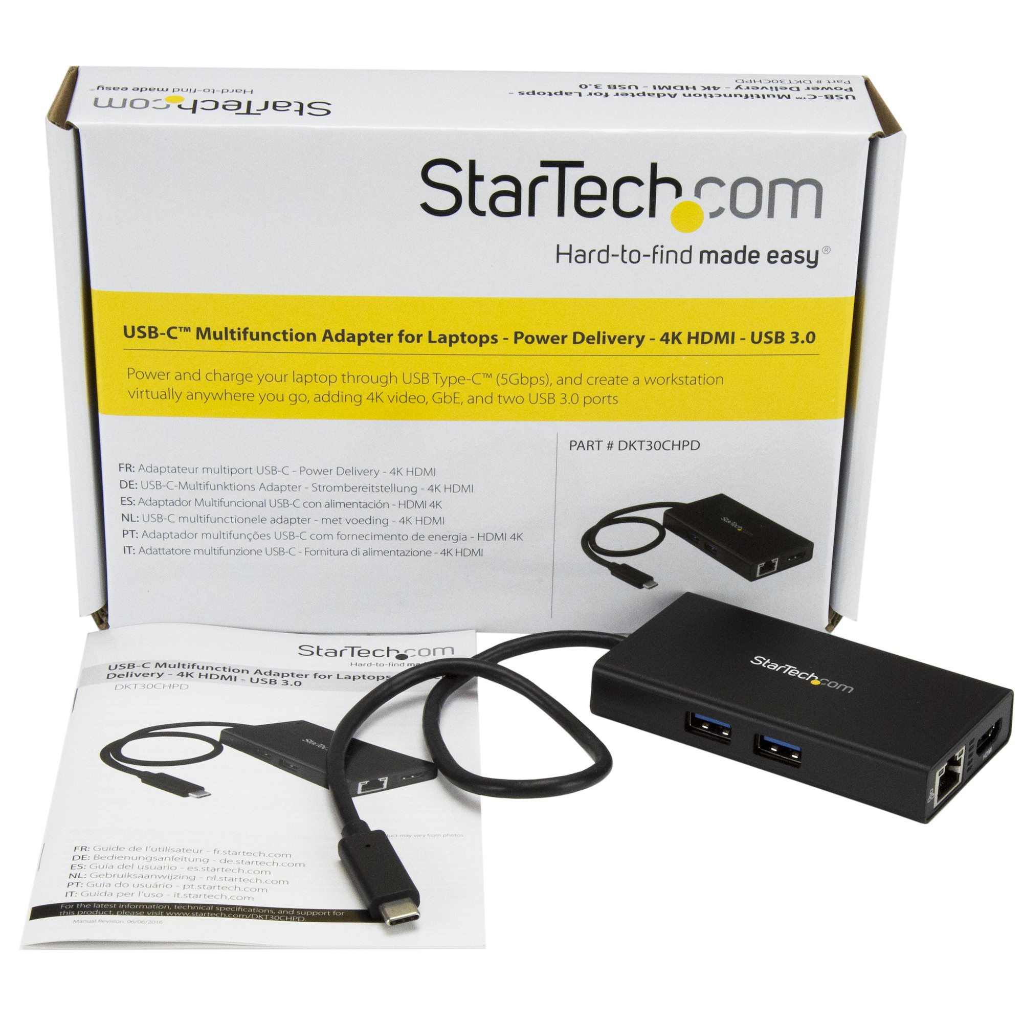 Una scatola con un hub USB-C e accessori. Il marchio 'StarTech.com' è visibile.