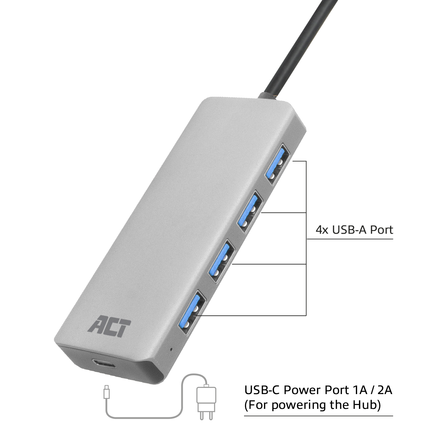 Un hub USB argento con 4 porte USB-A e una porta di alimentazione USB-C. Etichette di testo sul lato.