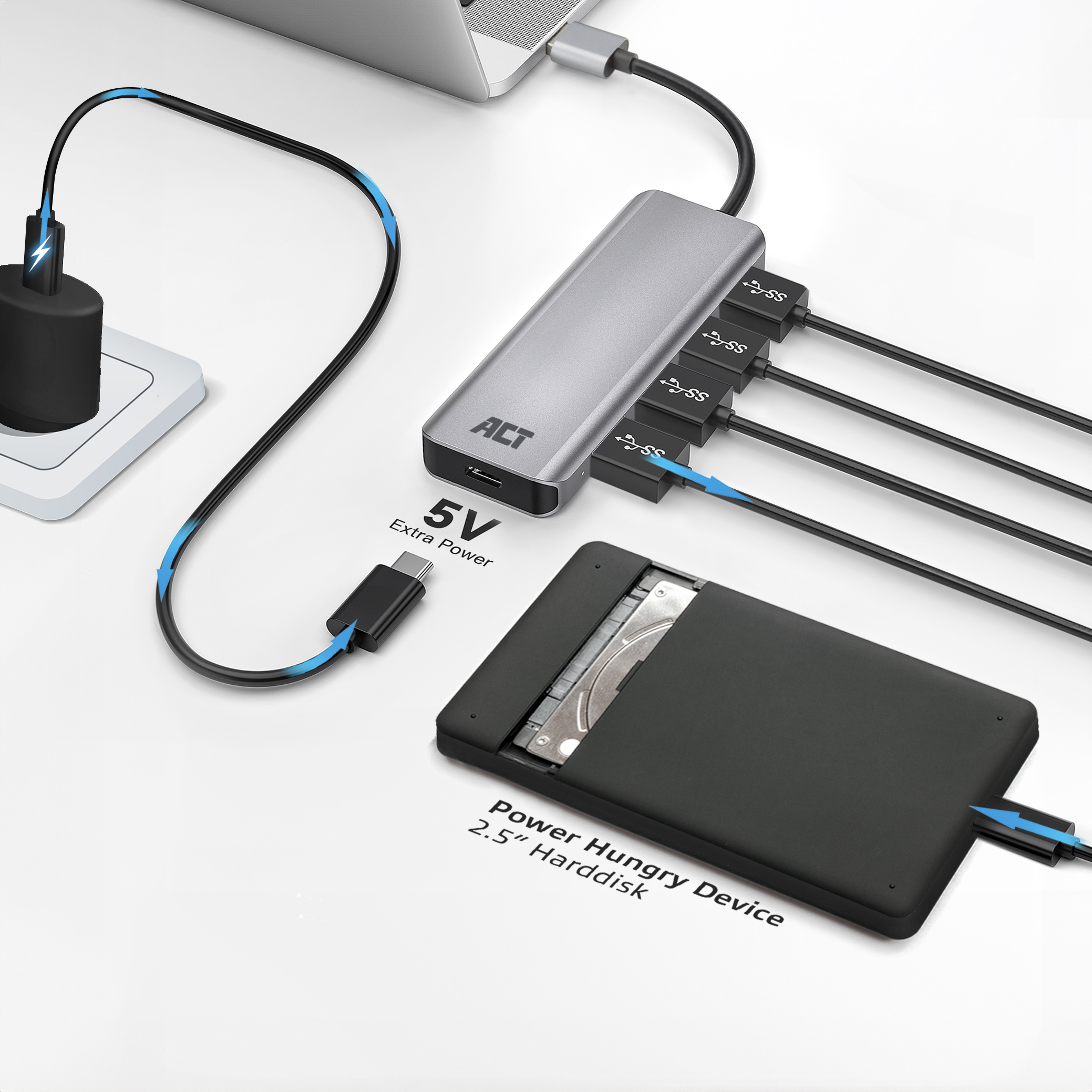 Un hub argentato con più porte collegato a un laptop, un adattatore di alimentazione e un disco rigido.
