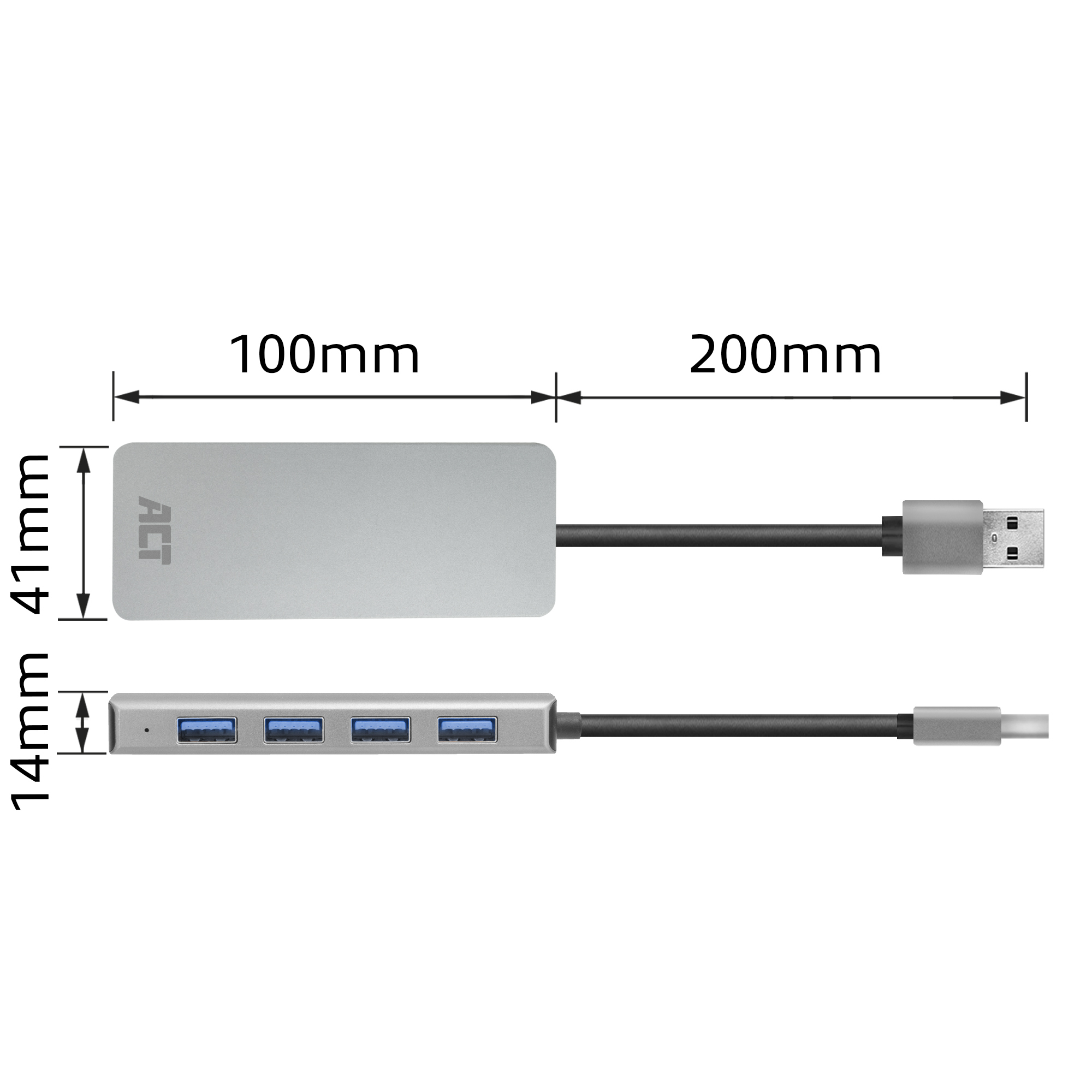 Hub USB argentato con 4 porte. Include un cavo USB, con dimensioni in mm.