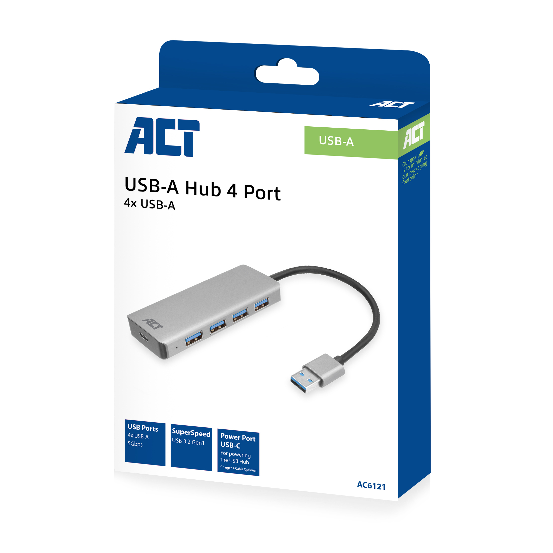 Hub USB-A a 4 porte in una scatola blu e bianca con informazioni sul prodotto.