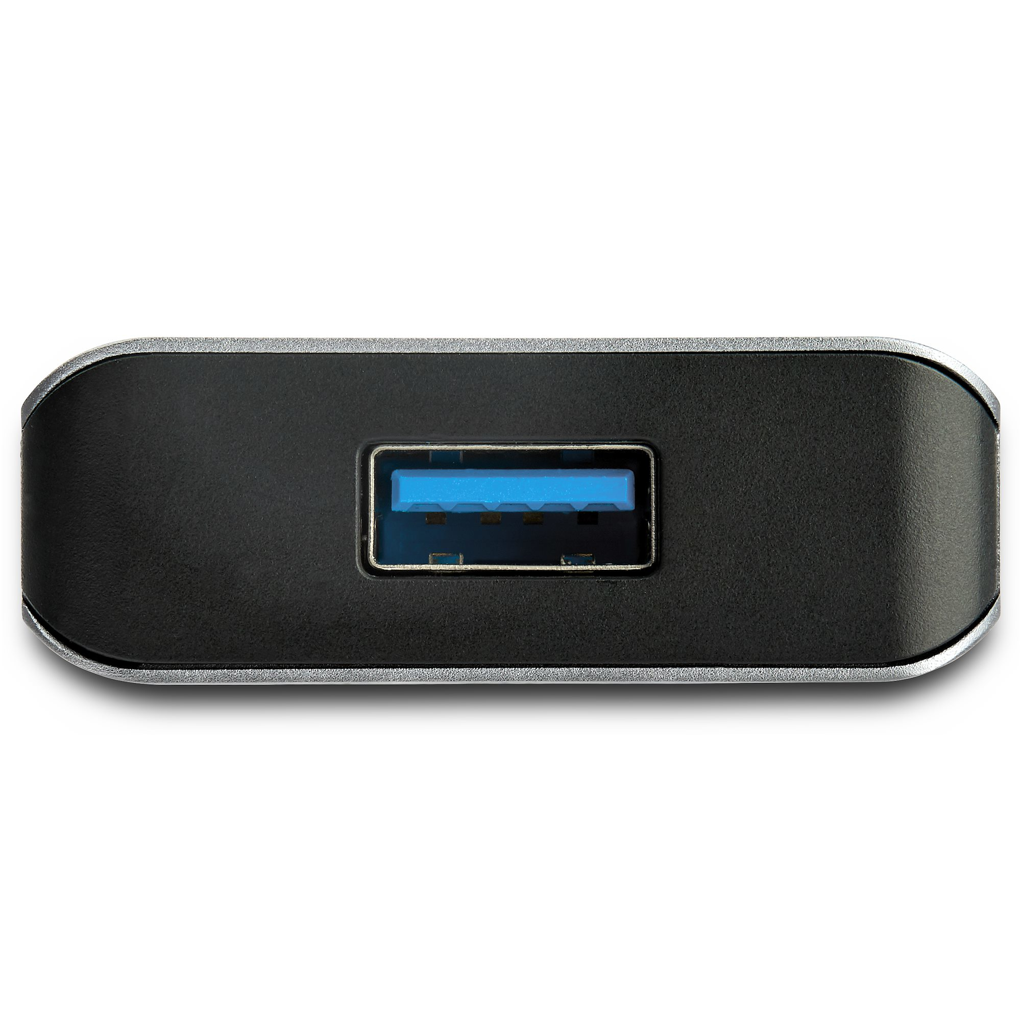 Ein schwarzer USB-Hub mit blauem USB-Anschluss. Silberner Rand um die Kanten.