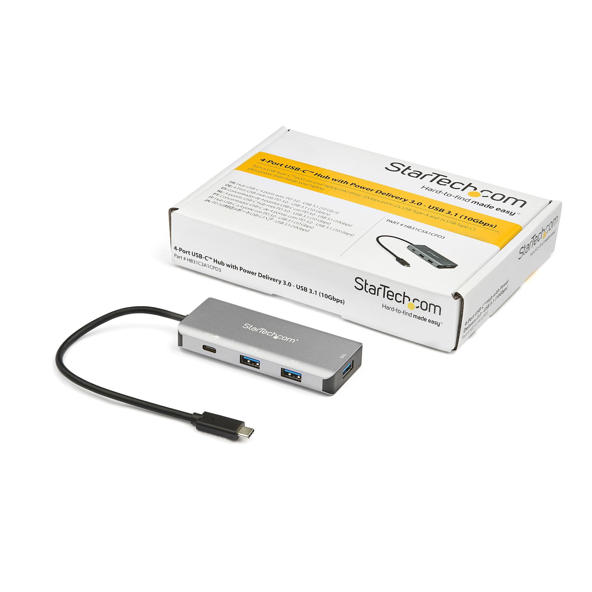 StarTech.com USB-C Hub mit Box und angeschlossenem USB-C-Kabel. Der Hub hat vier USB-Anschlüsse.
