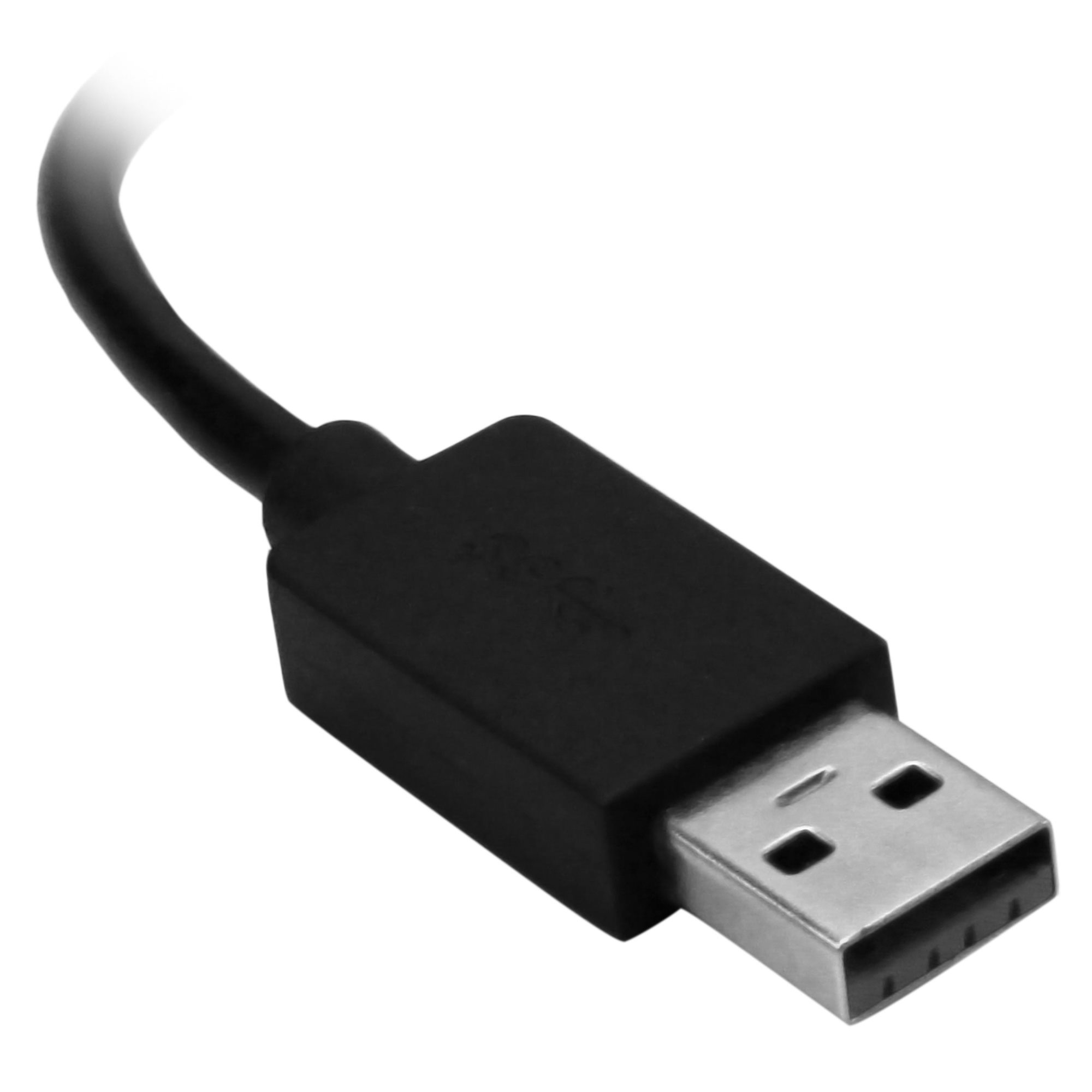 Cable USB negro con conector USB. El conector es plateado con el logotipo USB. Fondo blanco.