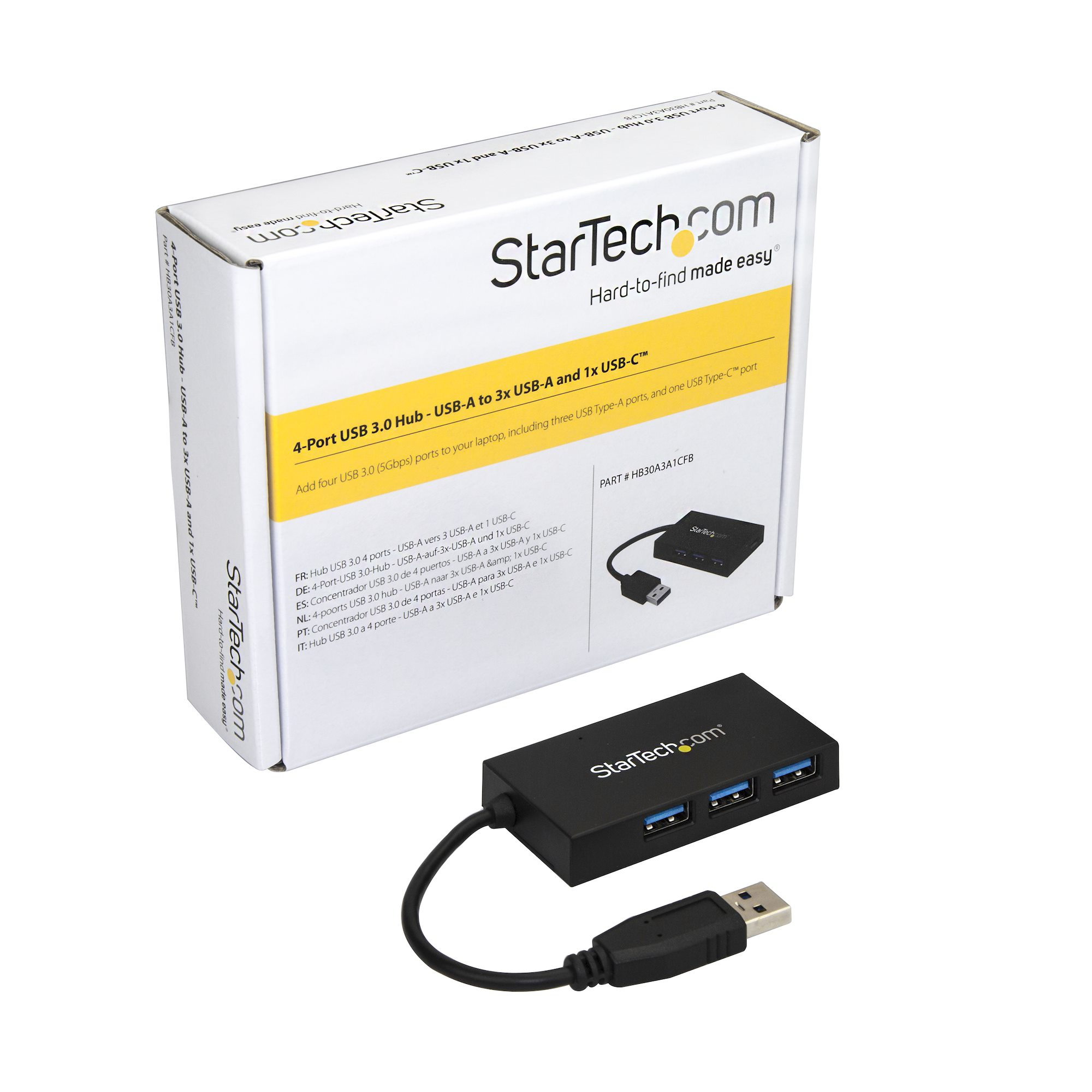 StarTech.com 4-Port USB 3.0-Hub und Verpackung. Enthält Hub, Box und angeschlossenes USB-Kabel.