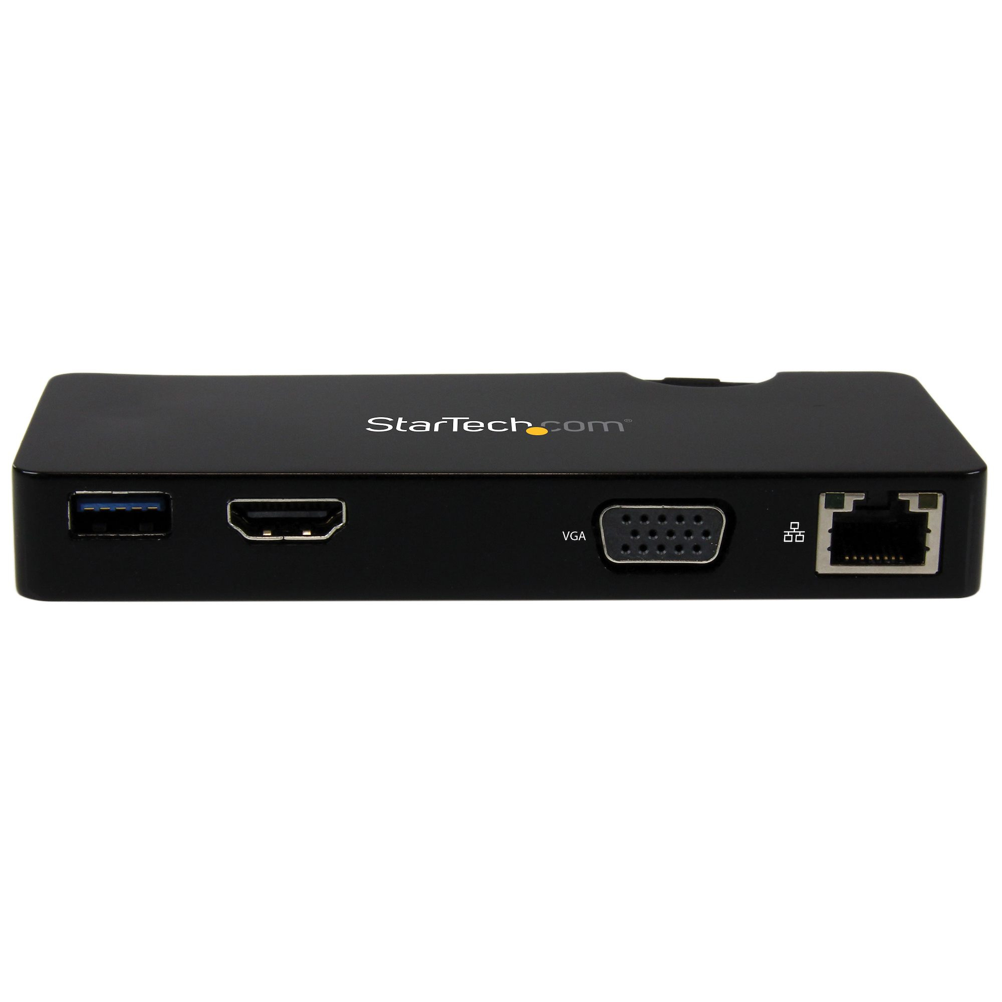 Hub USB nero con varie porte: USB, HDMI, VGA ed Ethernet. Sfondo bianco.