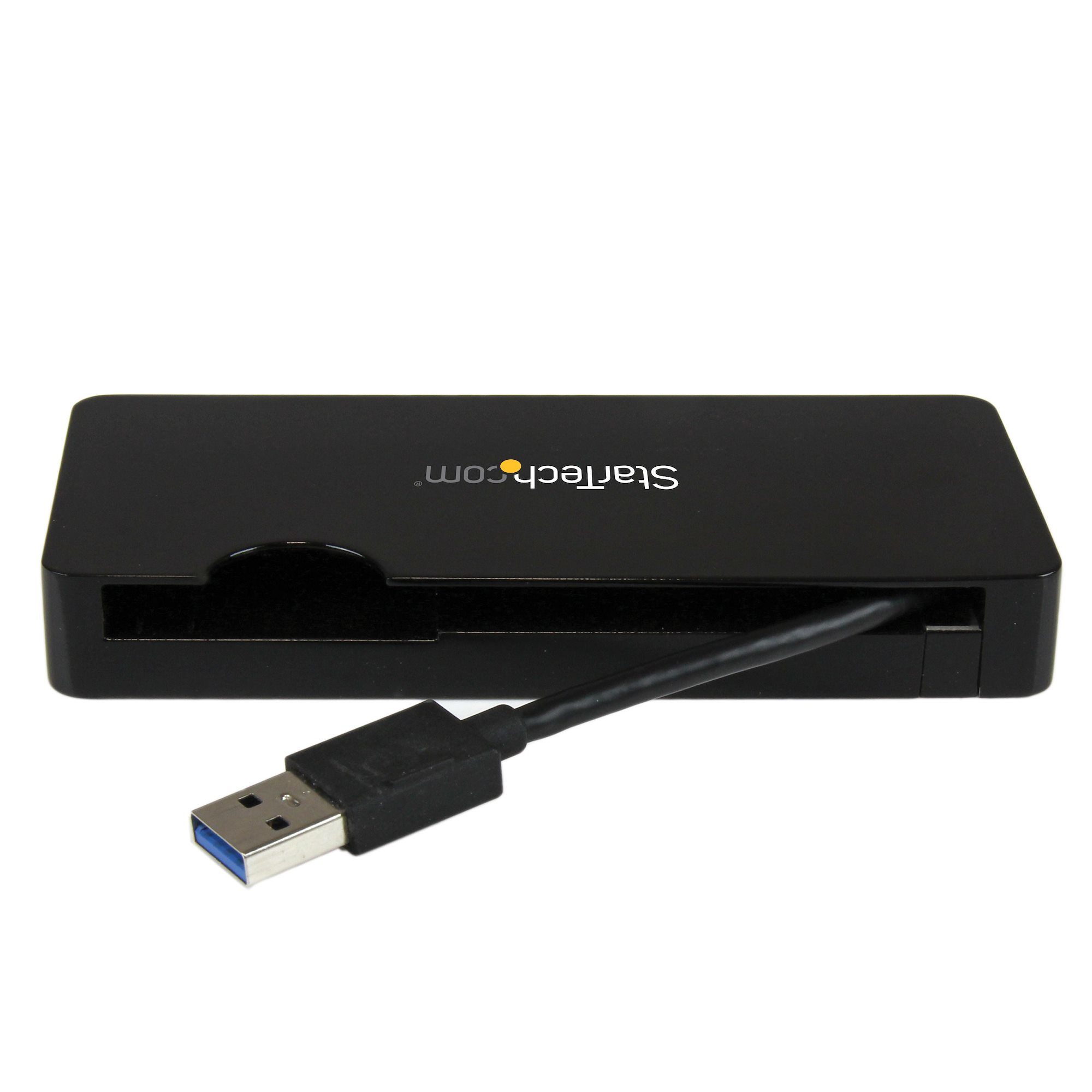 Adattatore USB 3.0 a SATA Startech nero con un cavo USB, su sfondo bianco.