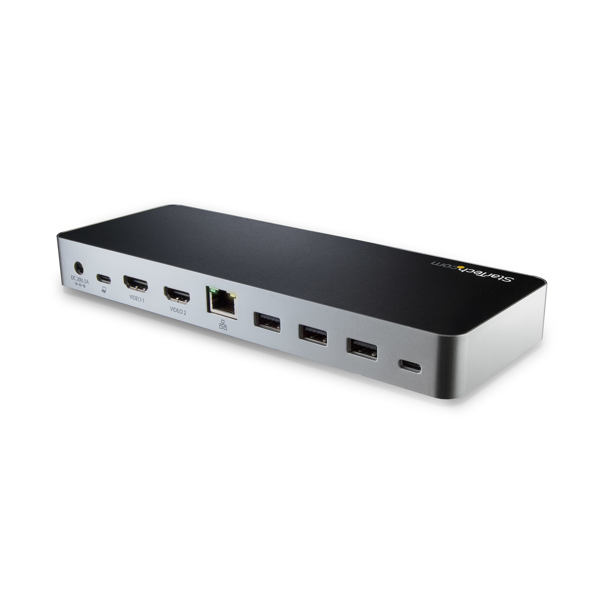 Eine schwarz-silberne Dockingstation mit mehreren Anschlüssen, darunter USB und HDMI, auf weißem Hintergrund.