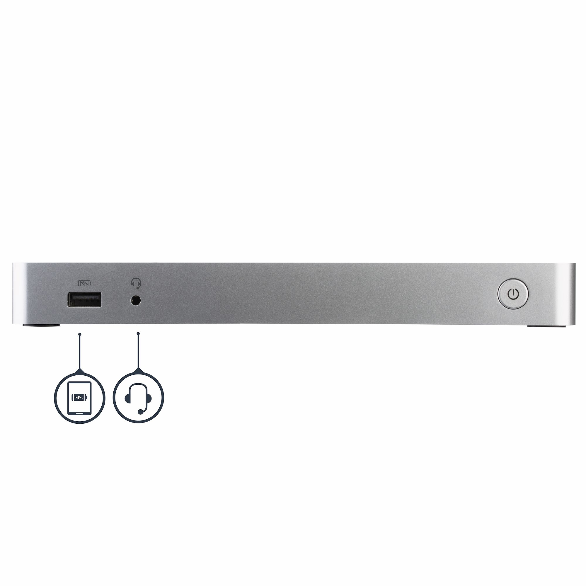 Silbernes Gerät mit USB-Anschluss, Kopfhöreranschluss und Ein/Aus-Taste.
