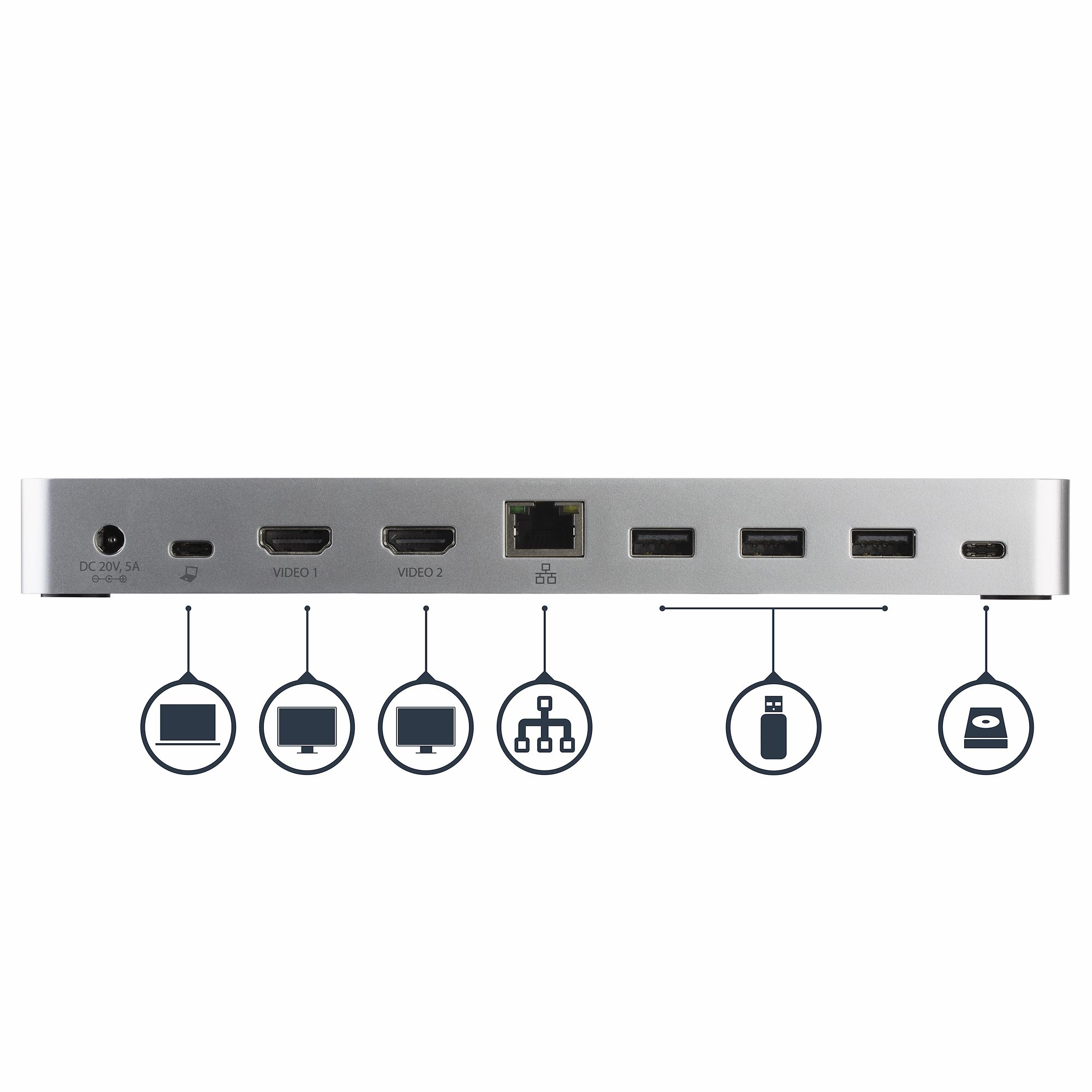 Silberner Hub mit verschiedenen Anschlüssen und Symbolen. Enthält USB, HDMI und einen Netzwerkanschluss.