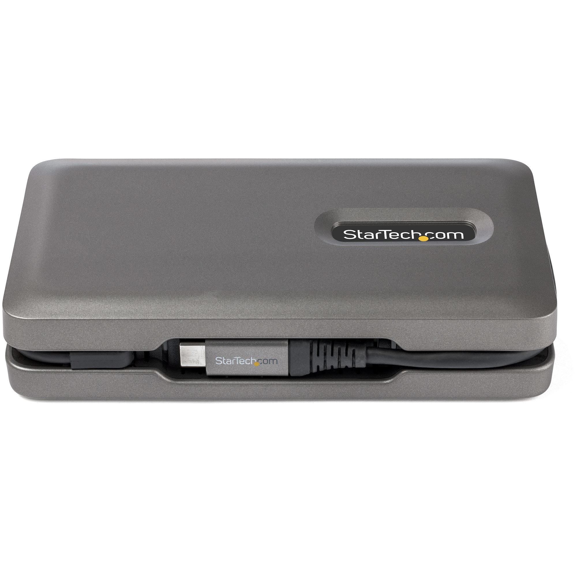 Concentrador USB-C StarTech. Diseño gris, cerrado y compacto con cable adjunto.