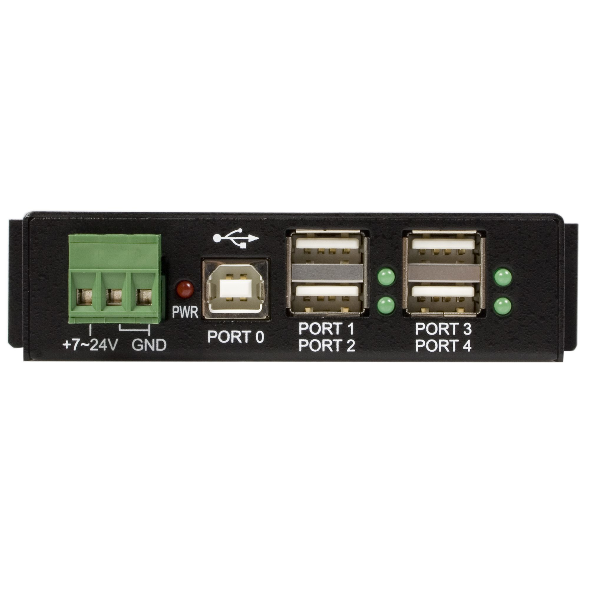 Hub USB nero con più porte e indicatori su sfondo bianco.