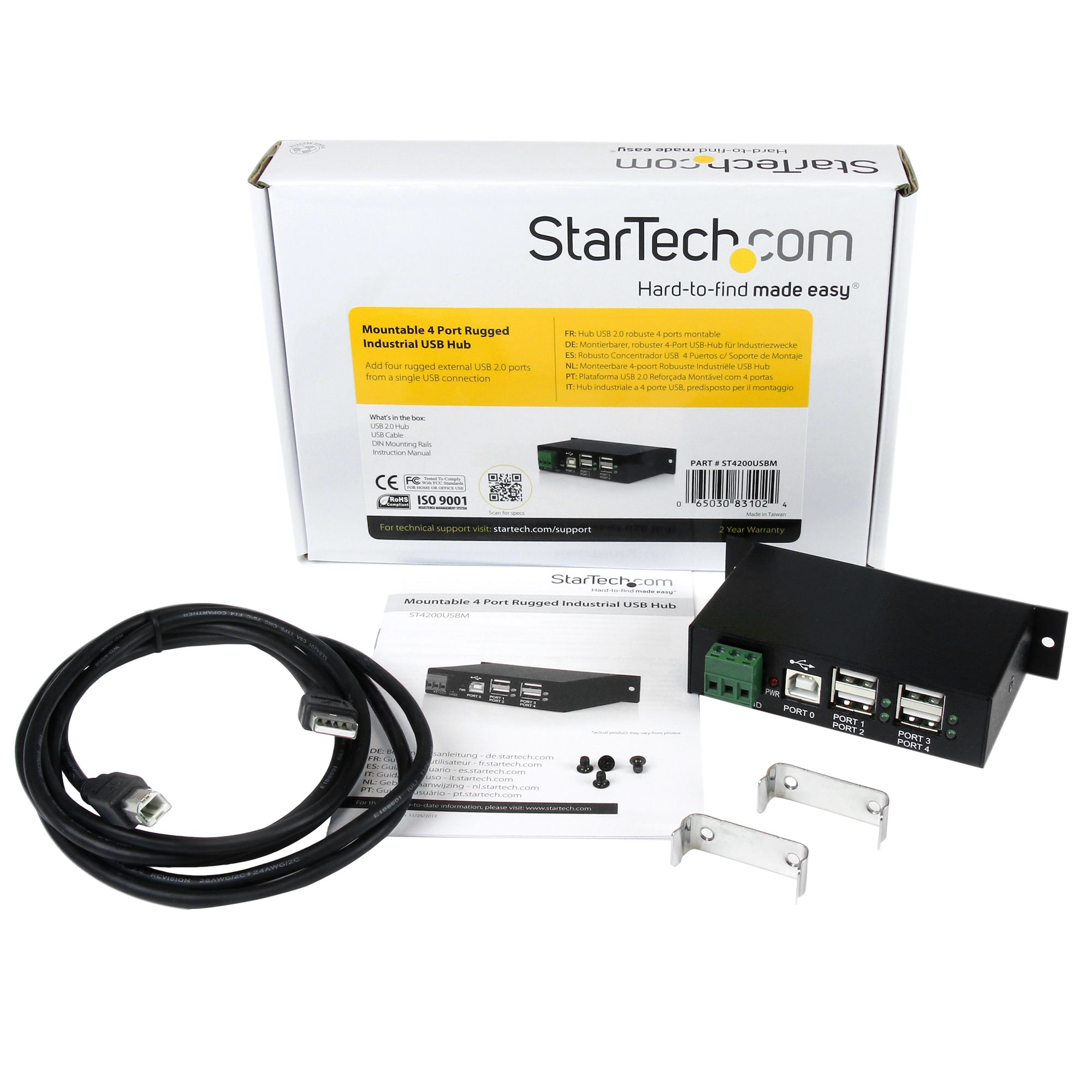 Scatola con hub USB, cavo e accessori. Testo e loghi visibili. Sfondo bianco.