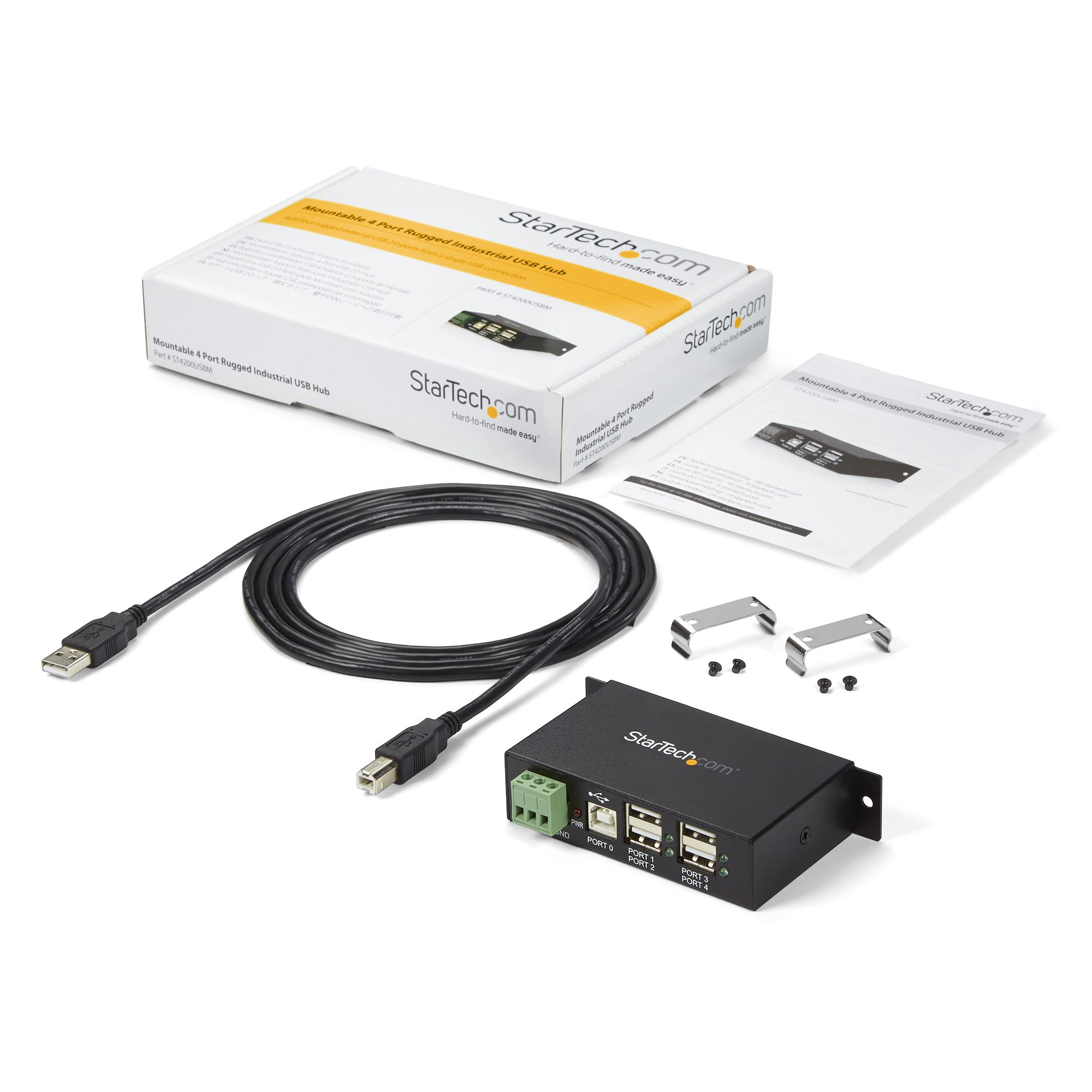 Kit hub USB in scatola con cavi, staffe di montaggio e un hub nero con marchio StarTech.com.