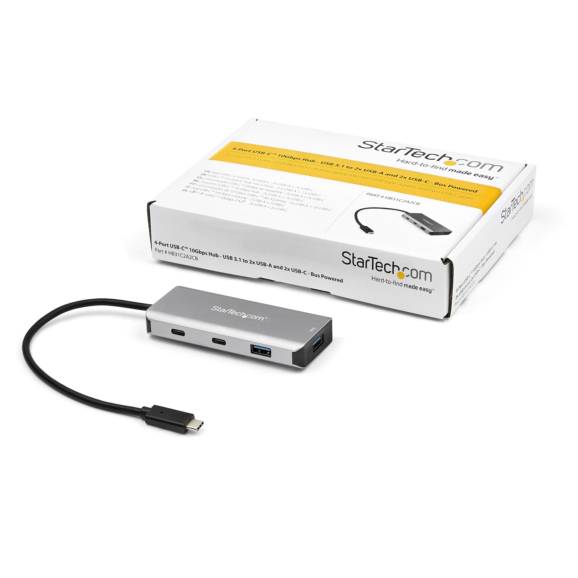 Ein StarTech USB-Hub und Verpackung mit einem schwarzen Kabel auf weißem Hintergrund.