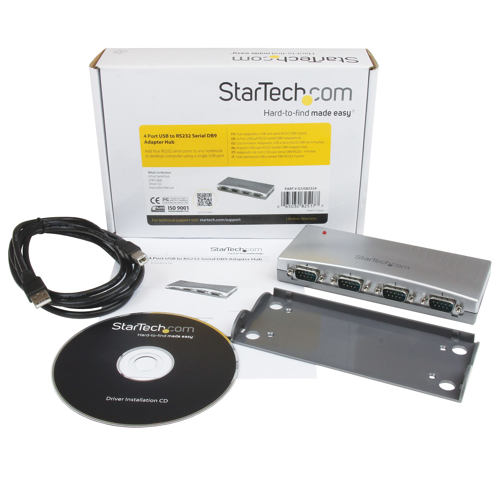 Ein StarTech.com 5-Port USB-zu-RS232-Adapter-Hub mit Zubehör und Verpackung.