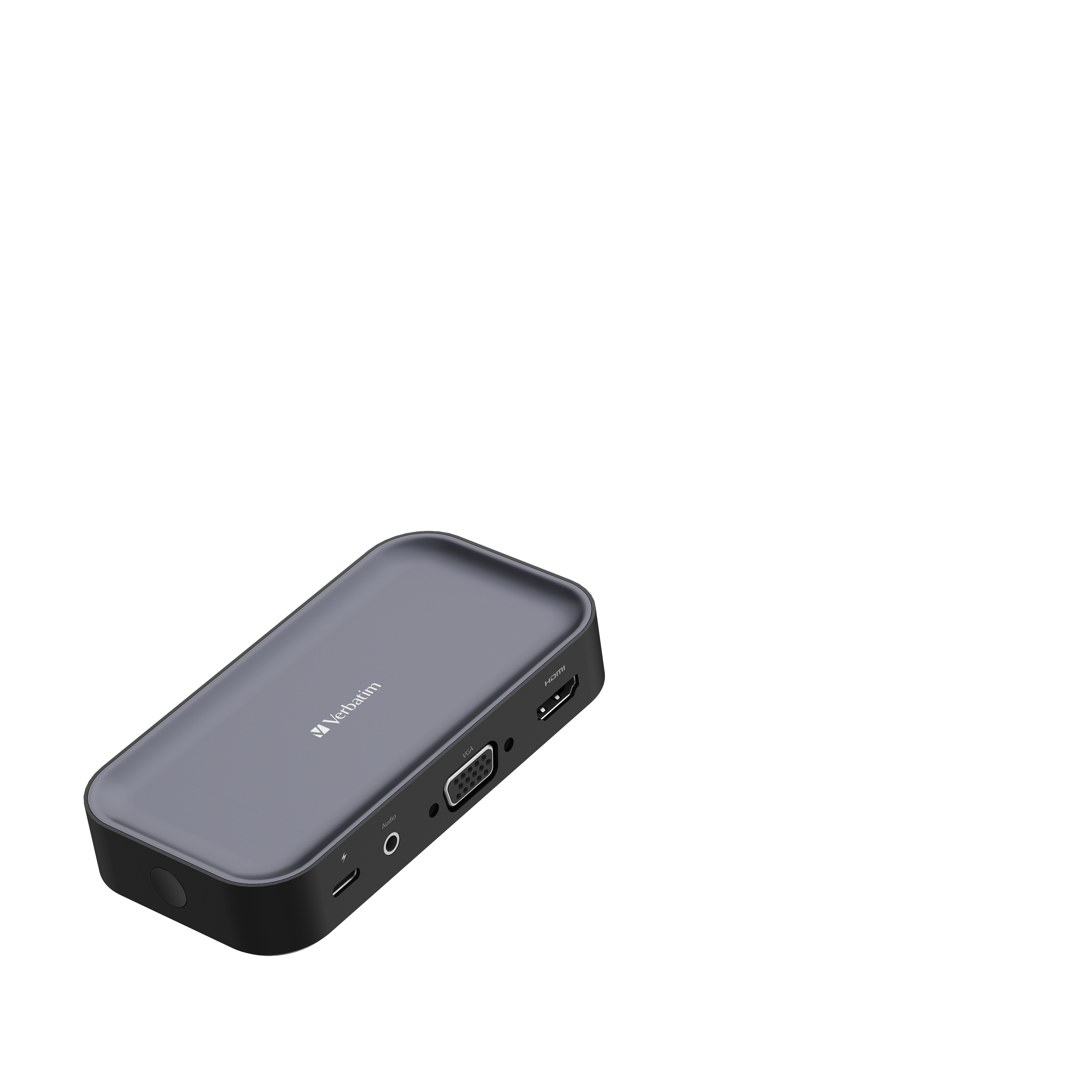 Un hub USB grigio Verbatim con più porte. Poggia su una superficie bianca.