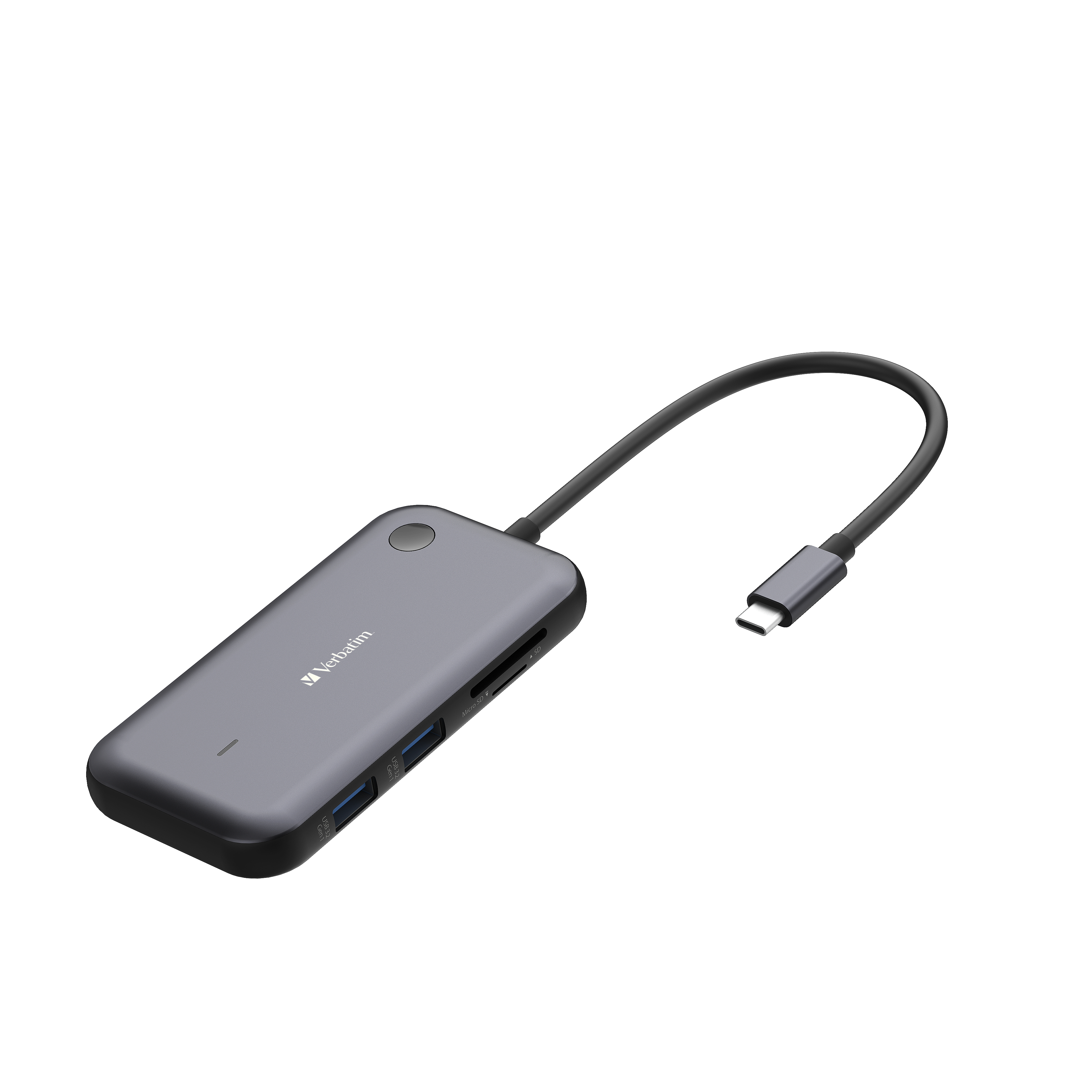Un hub USB-C grigio con più porte, tra cui USB, scheda SD e un connettore USB-C.