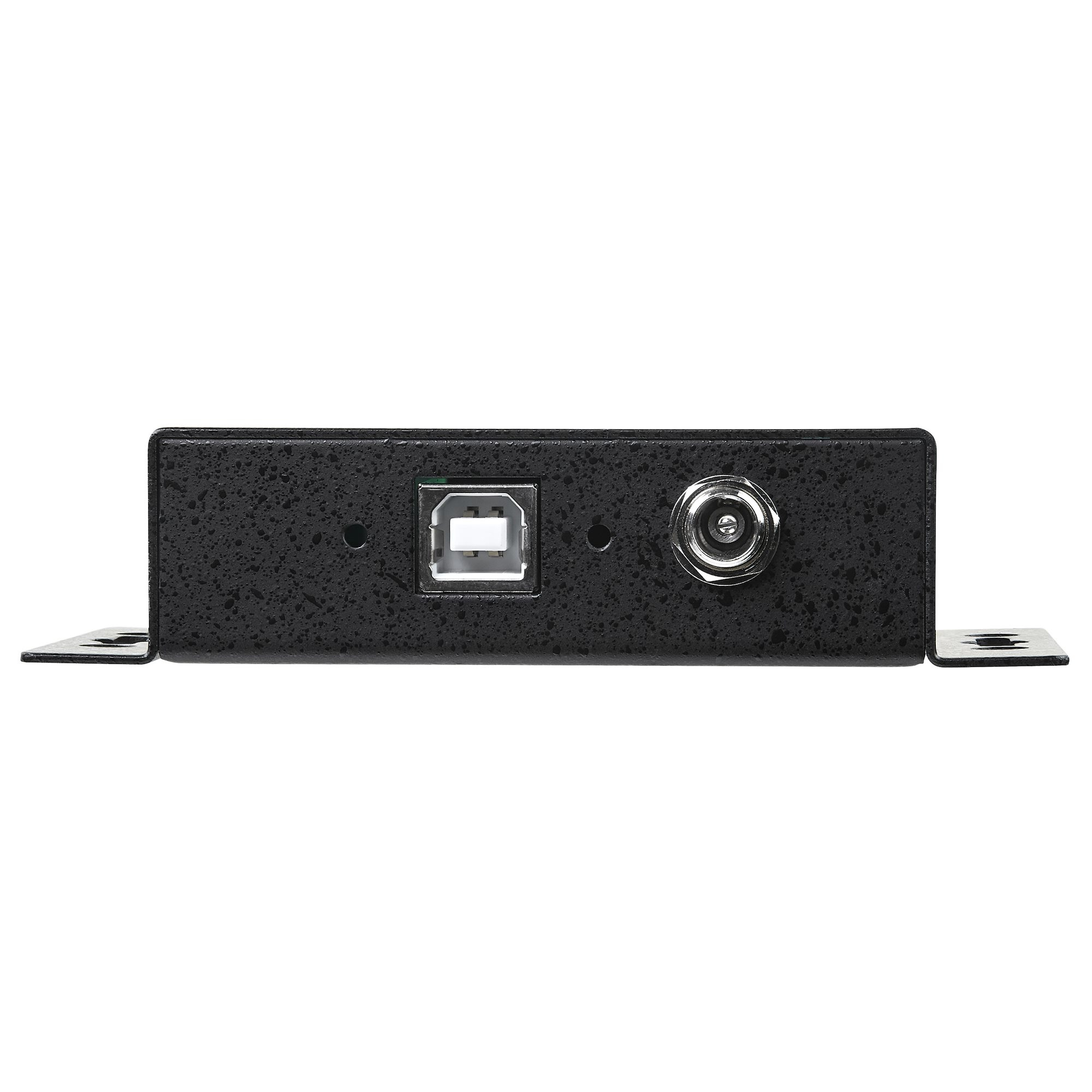 Zwarte USB naar USB adapter met USB-poort en een ronde connector. Geïsoleerd op witte achtergrond.