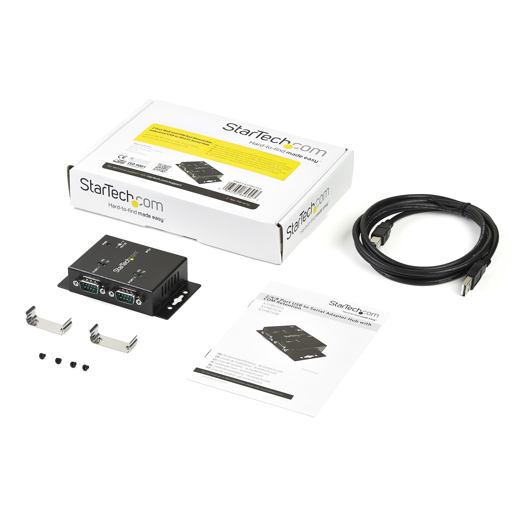StarTech.com productdoos met kabels en accessoires. Inclusief seriële adapterhub.