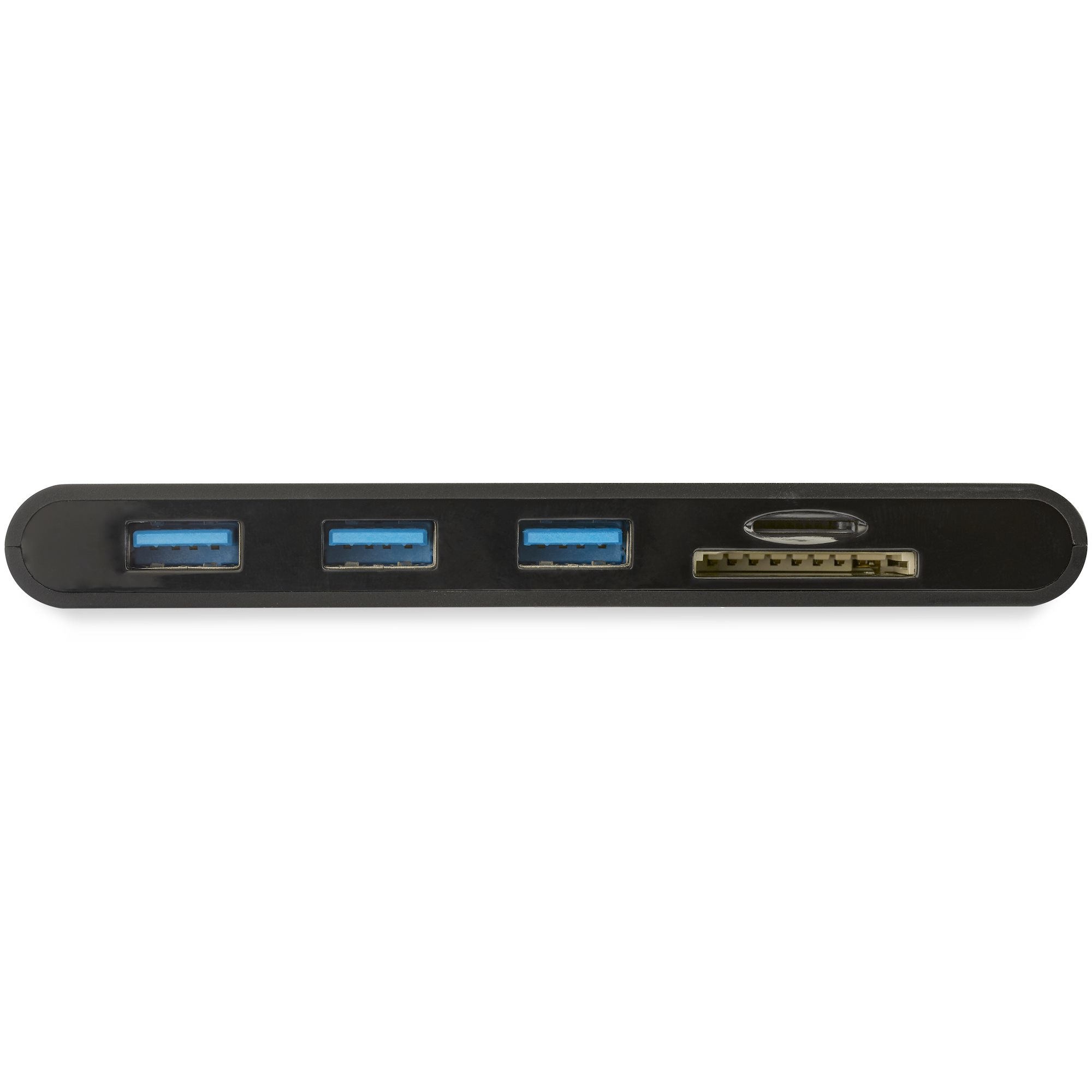 Hub USB nero con quattro porte USB e una porta USB-C. Vista orizzontale.