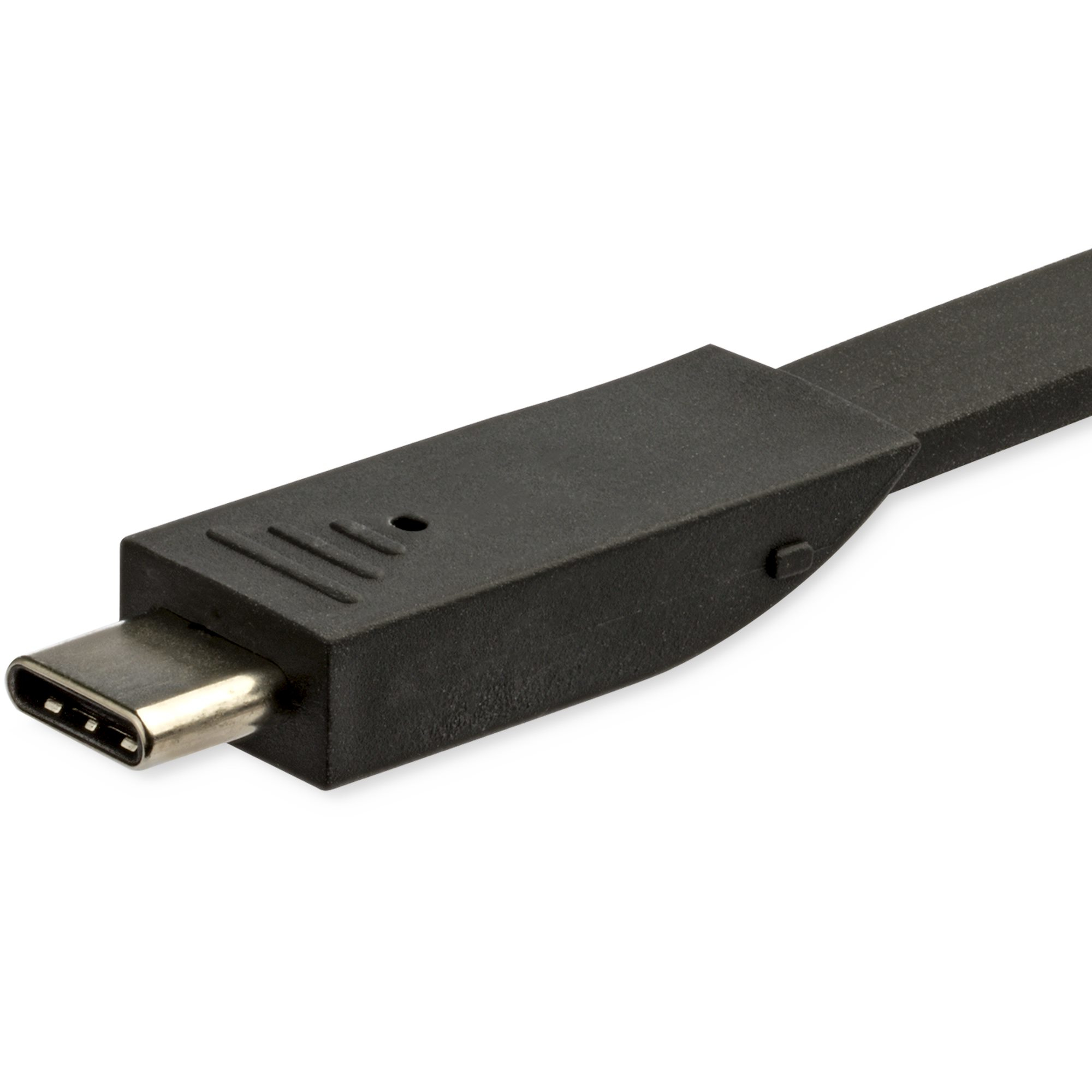 Cavo USB-C nero con connettore USB-C a un'estremità. Sfondo bianco.