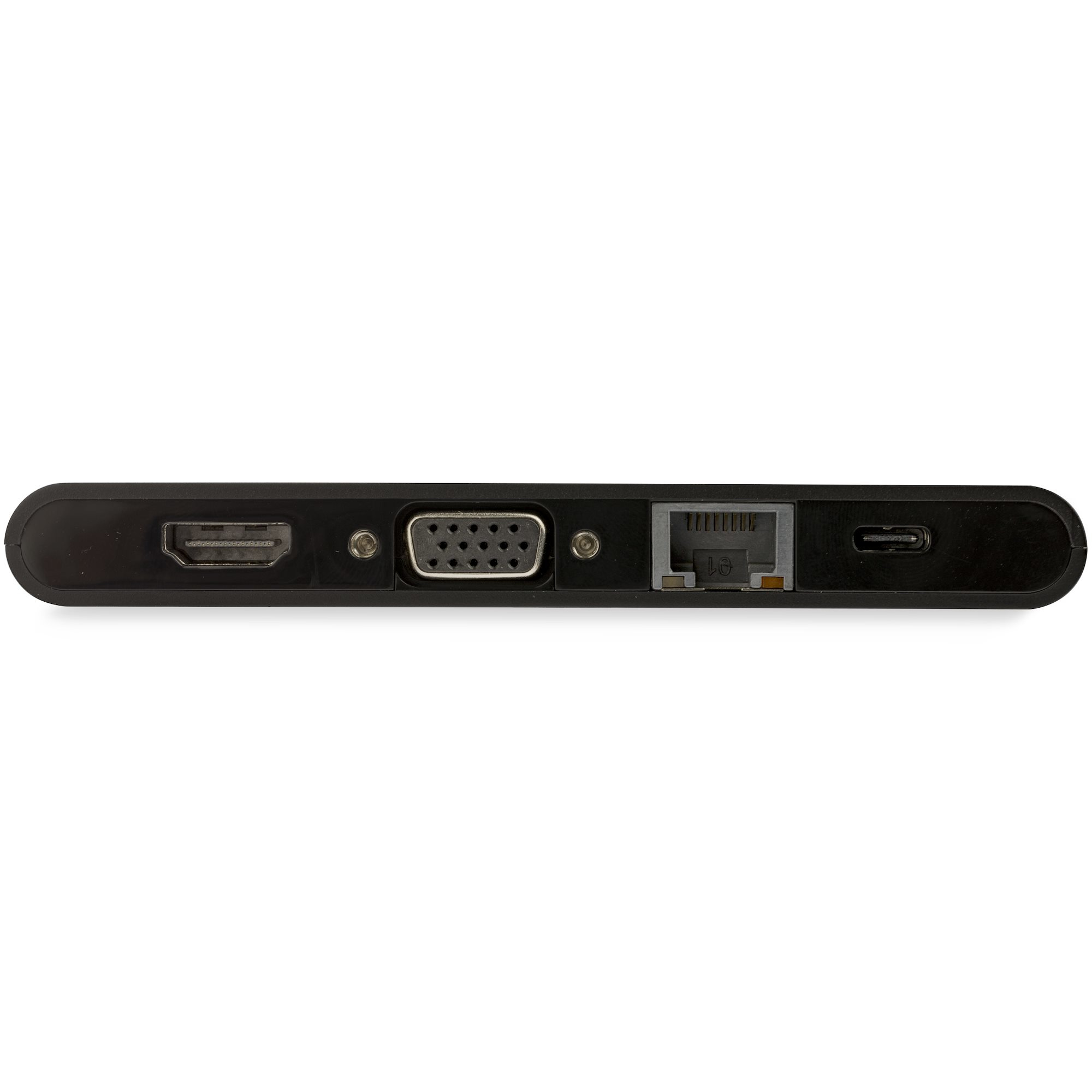 Un dispositivo nero con porte HDMI, VGA, Ethernet e USB-C disposte in linea.