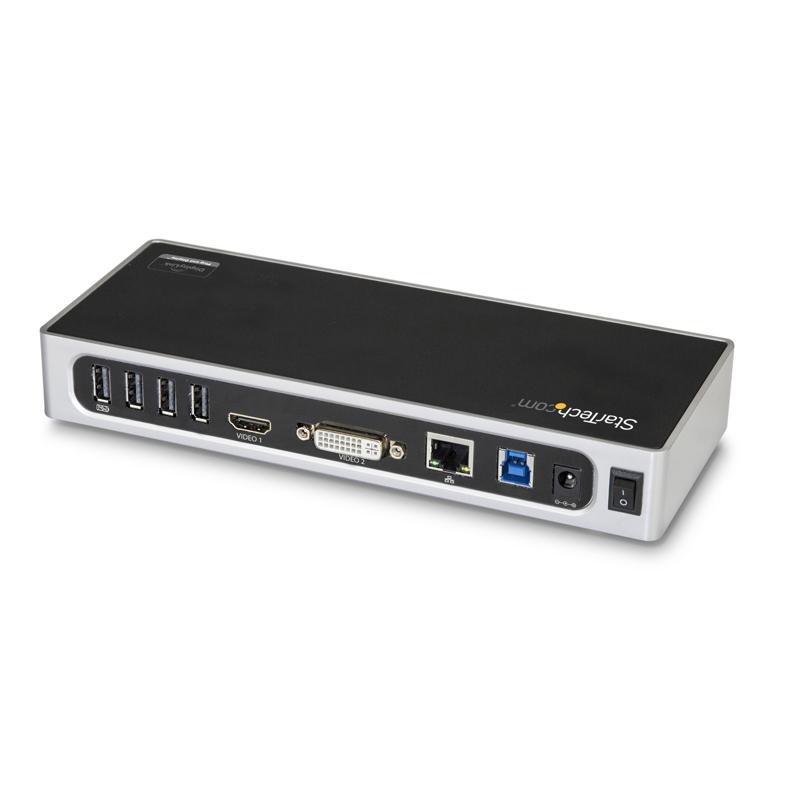 Hub digitale nero e argento con porte USB e connessioni video.