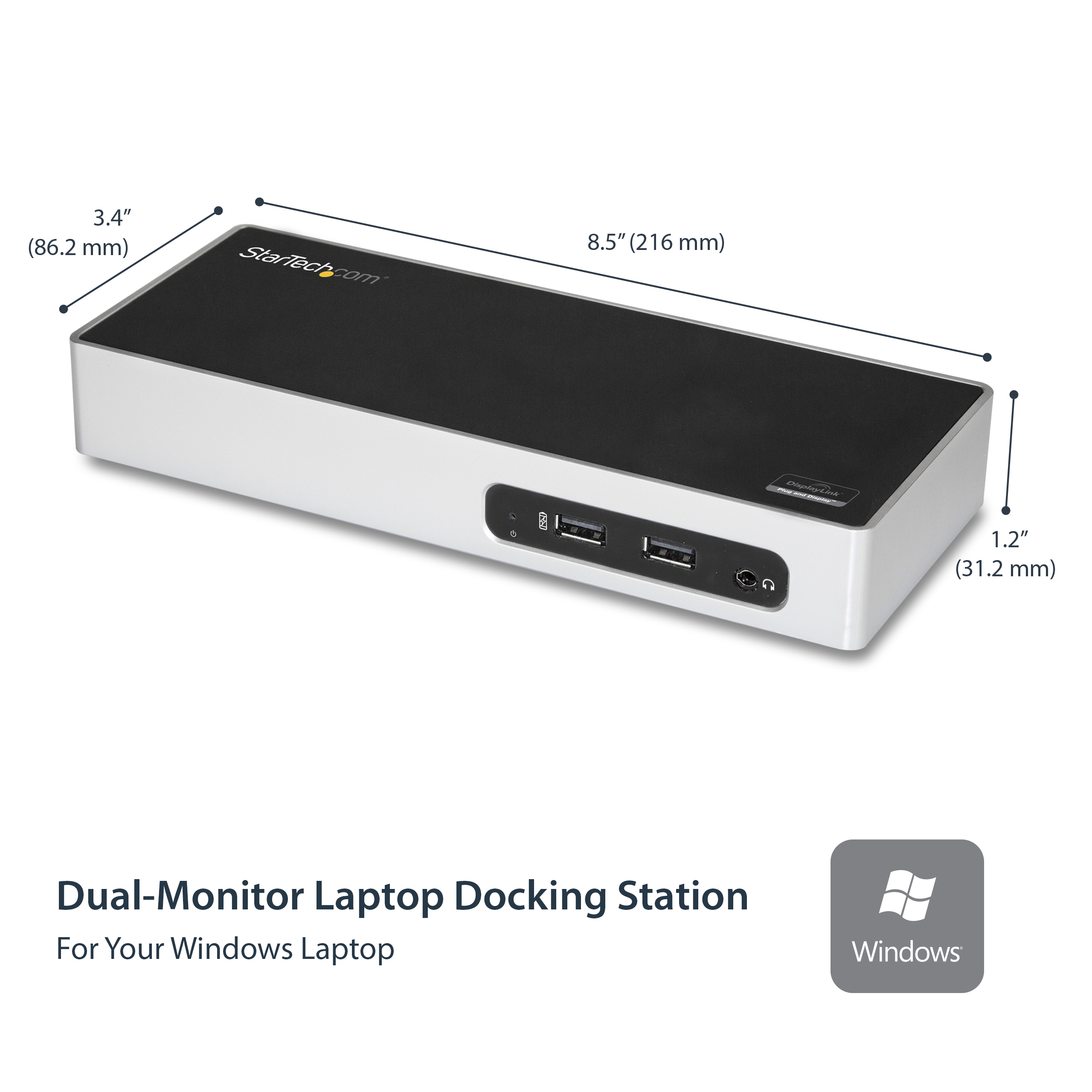 Docking station per laptop a doppio monitor, con dimensioni, porte e il logo Windows.