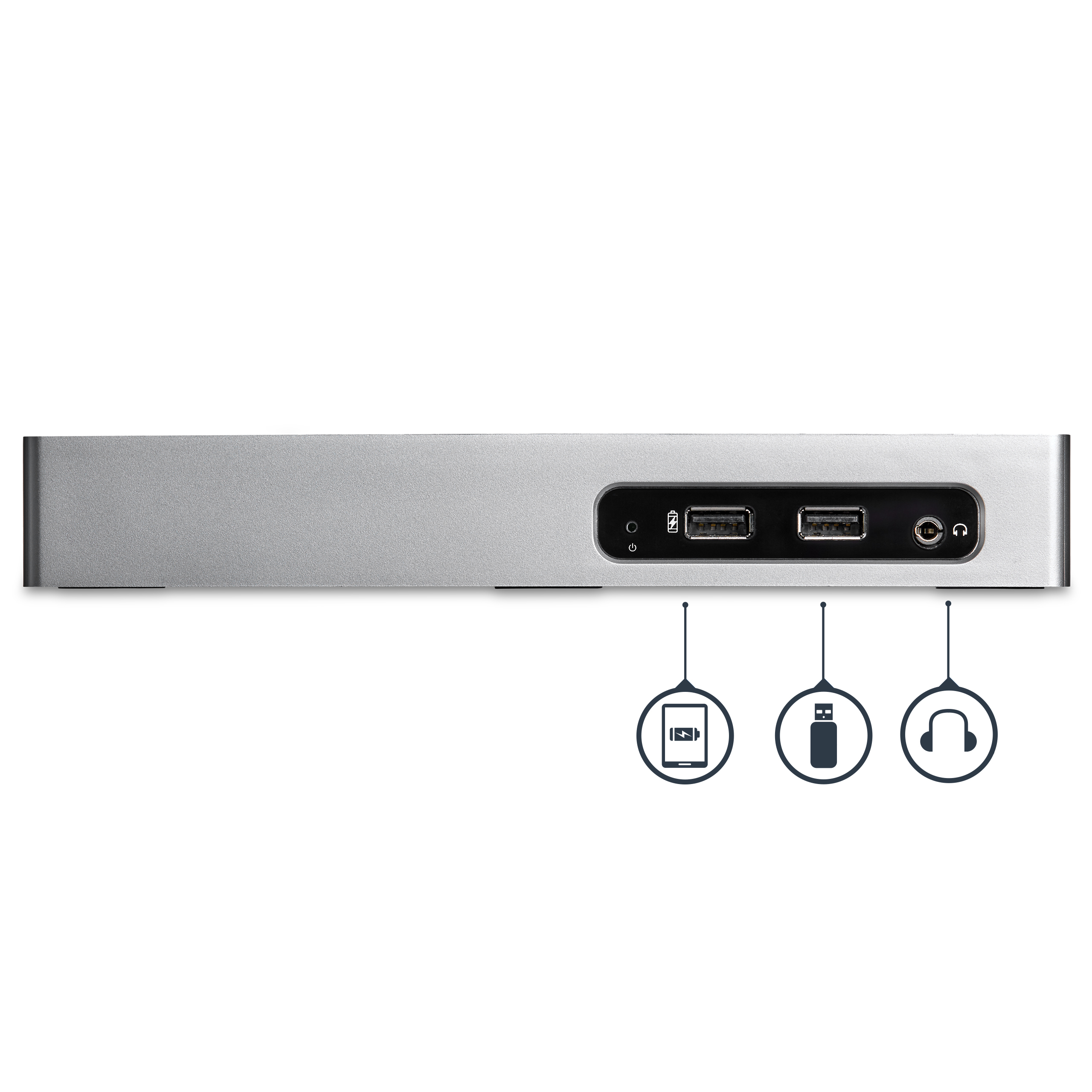 Dispositivo argentato con porte USB, jack per cuffie e icone. Sotto le porte ci sono icone.